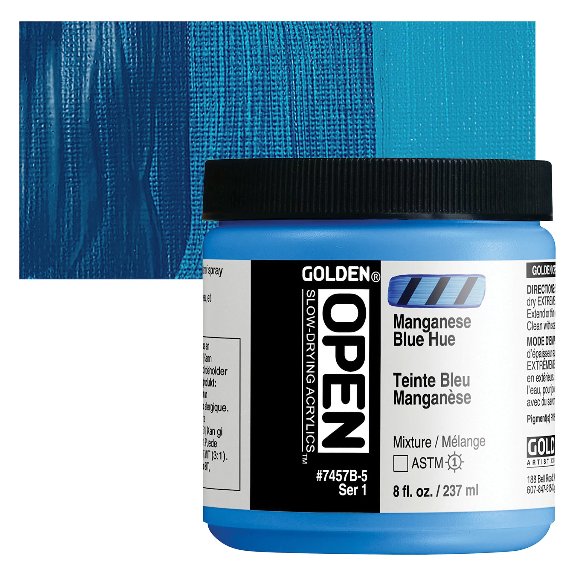 Golden Open Acrylic - Manganese Blue Hue, 8 oz Jar and swatch