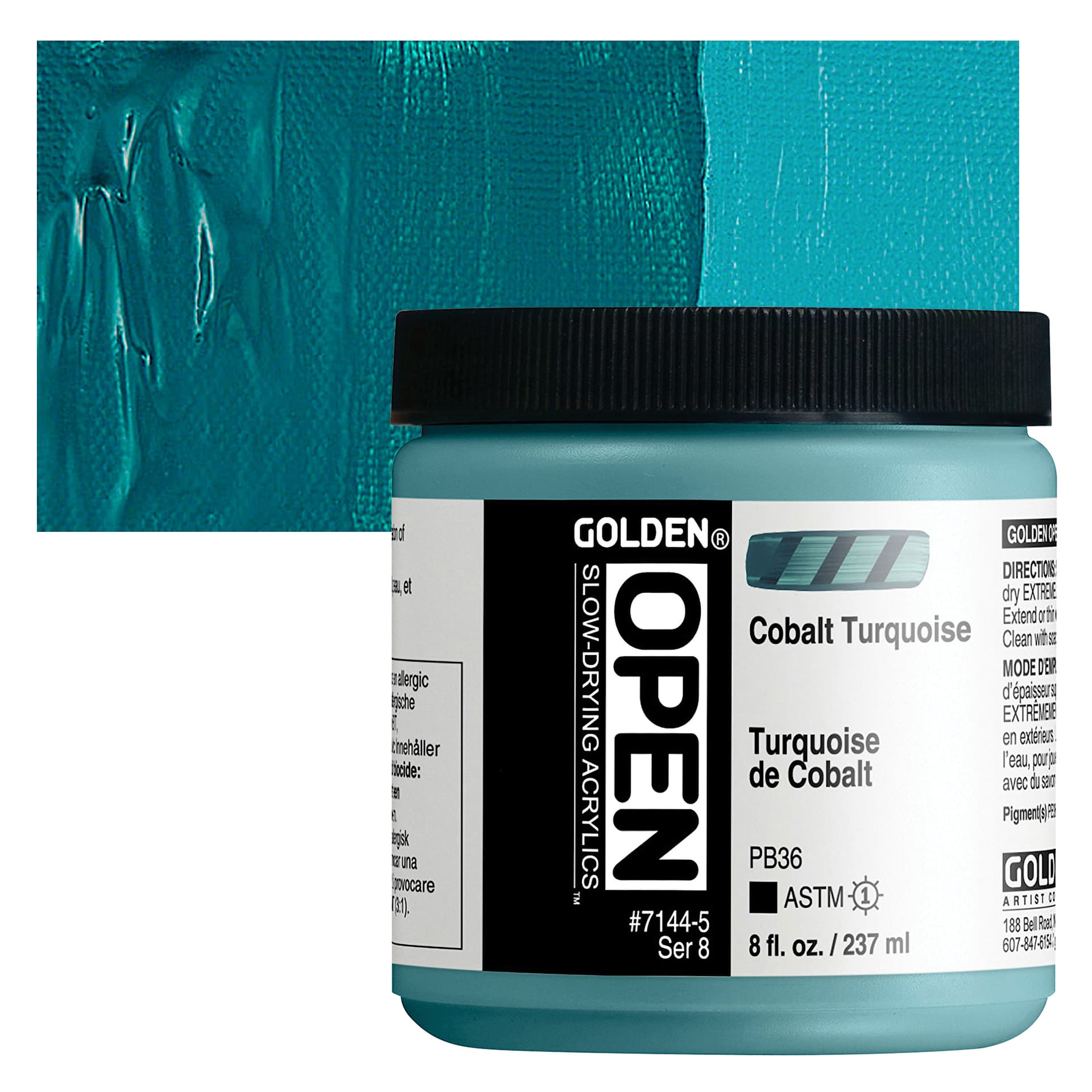 Golden Open Acrylic - Cobalt Turquoise, 8 oz Jar and swatch