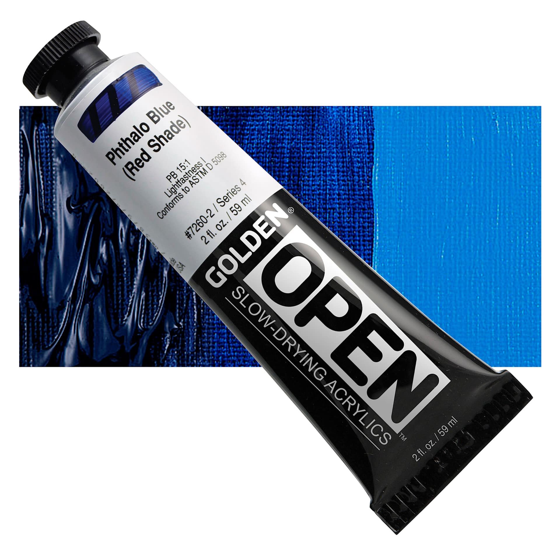 Golden Open Acrylic - Phthalo Blue (Red Shade), 2 oz Tube and swatch