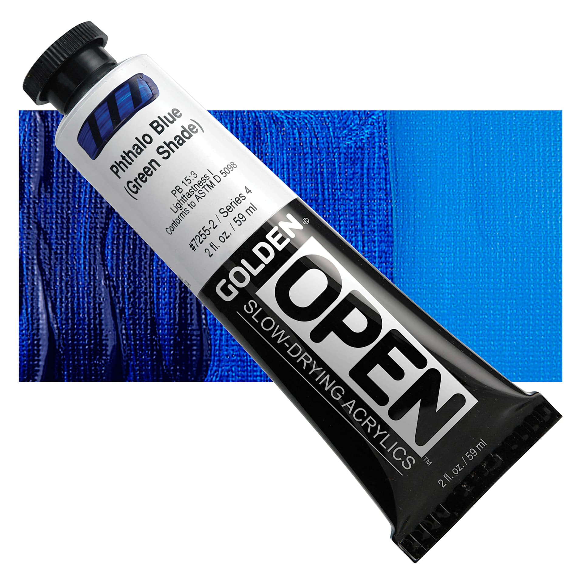 Golden Open Acrylic - Phthalo Blue (Green Shade), 2 oz Tube and swatch