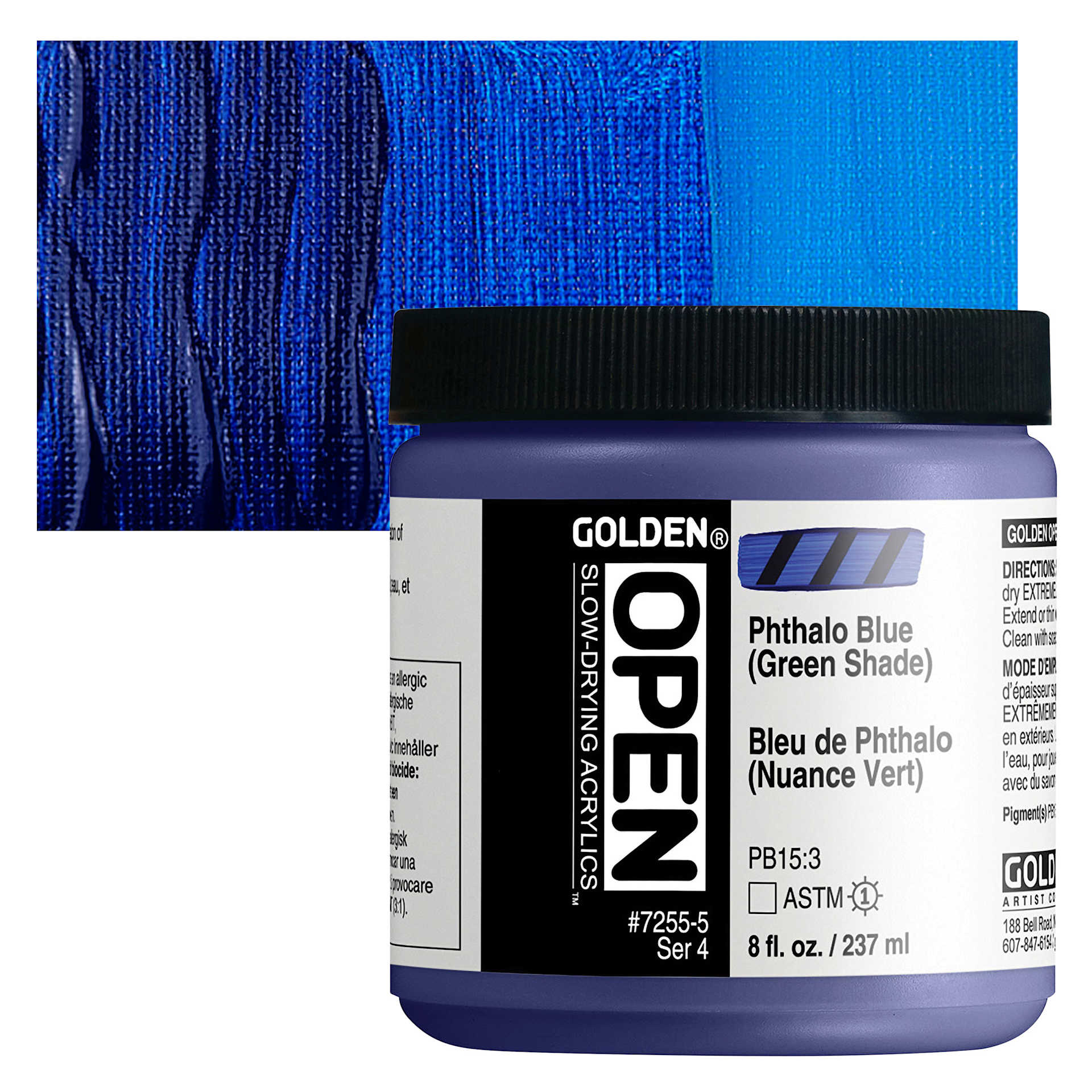 Golden Open Acrylic - Phthalo Blue (Green Shade), 8 oz Jar and swatch
