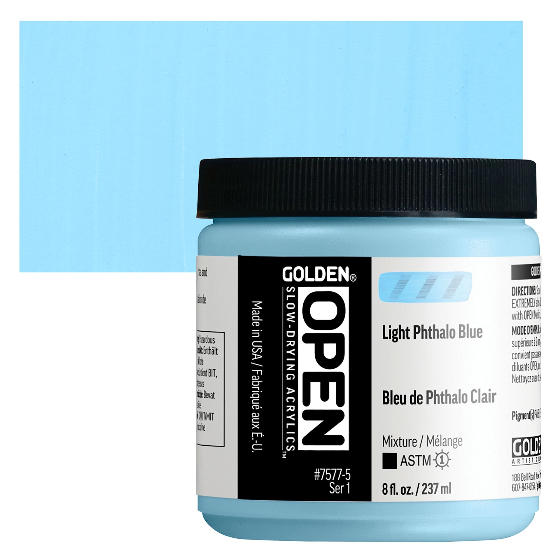 Golden Open Acrylics - Light Phthalo Blue, 8 oz Jar and swatch