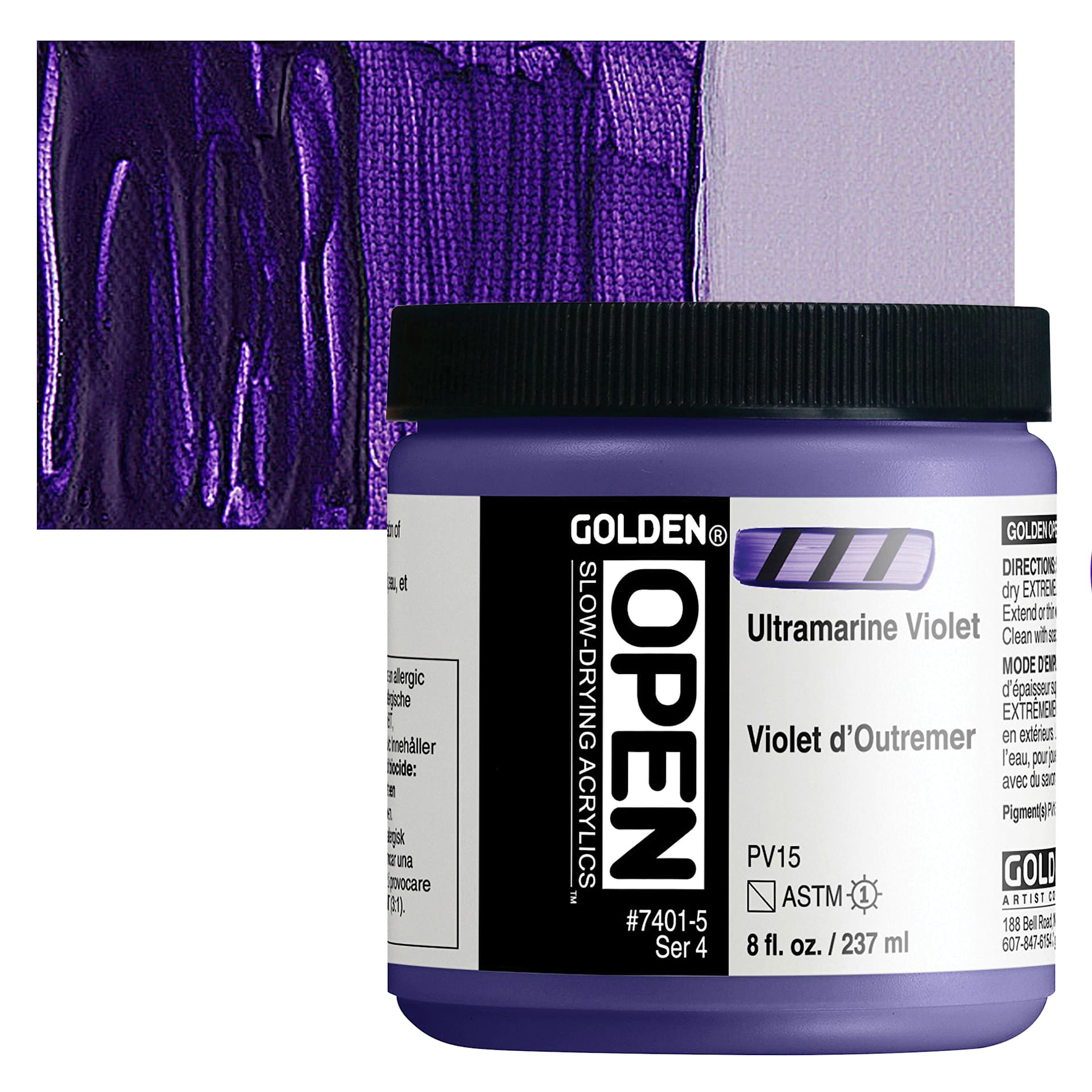 Golden Open Acrylic - Ultramarine Violet, 8 oz Jar and swatch