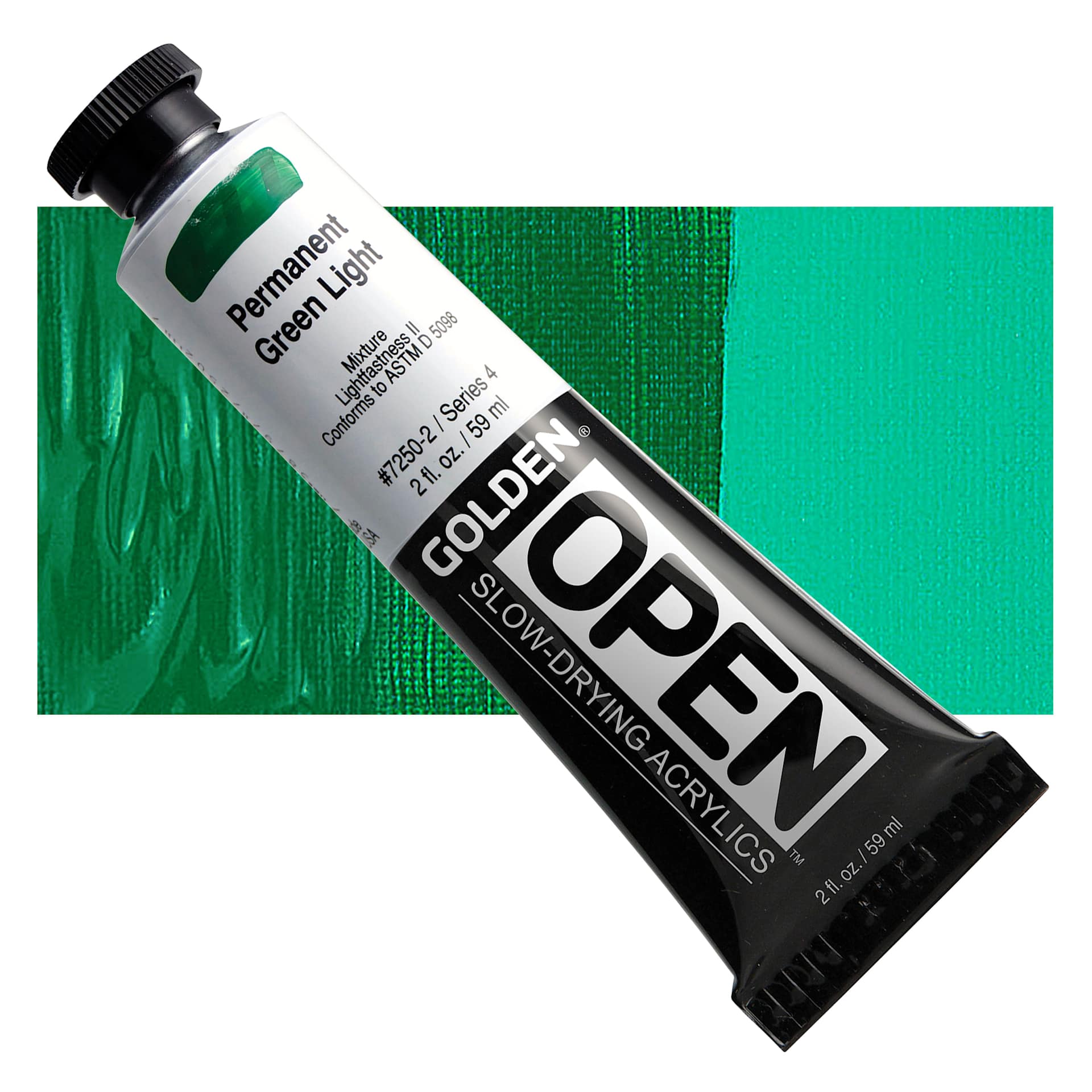Golden Open Acrylic - Permanent Green Light, 2 oz Tube and swatch