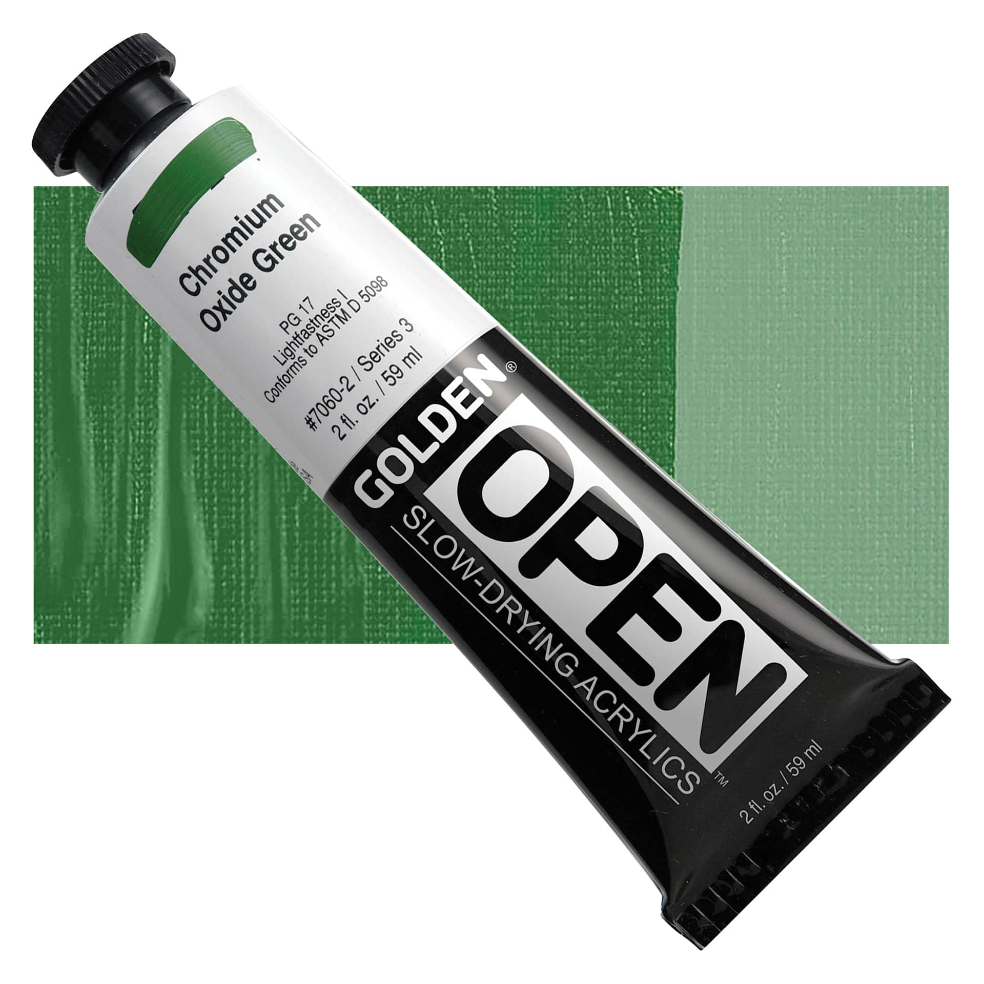 Golden Open Acrylic - Chromium Oxide Green, 2 oz Tube and swatch