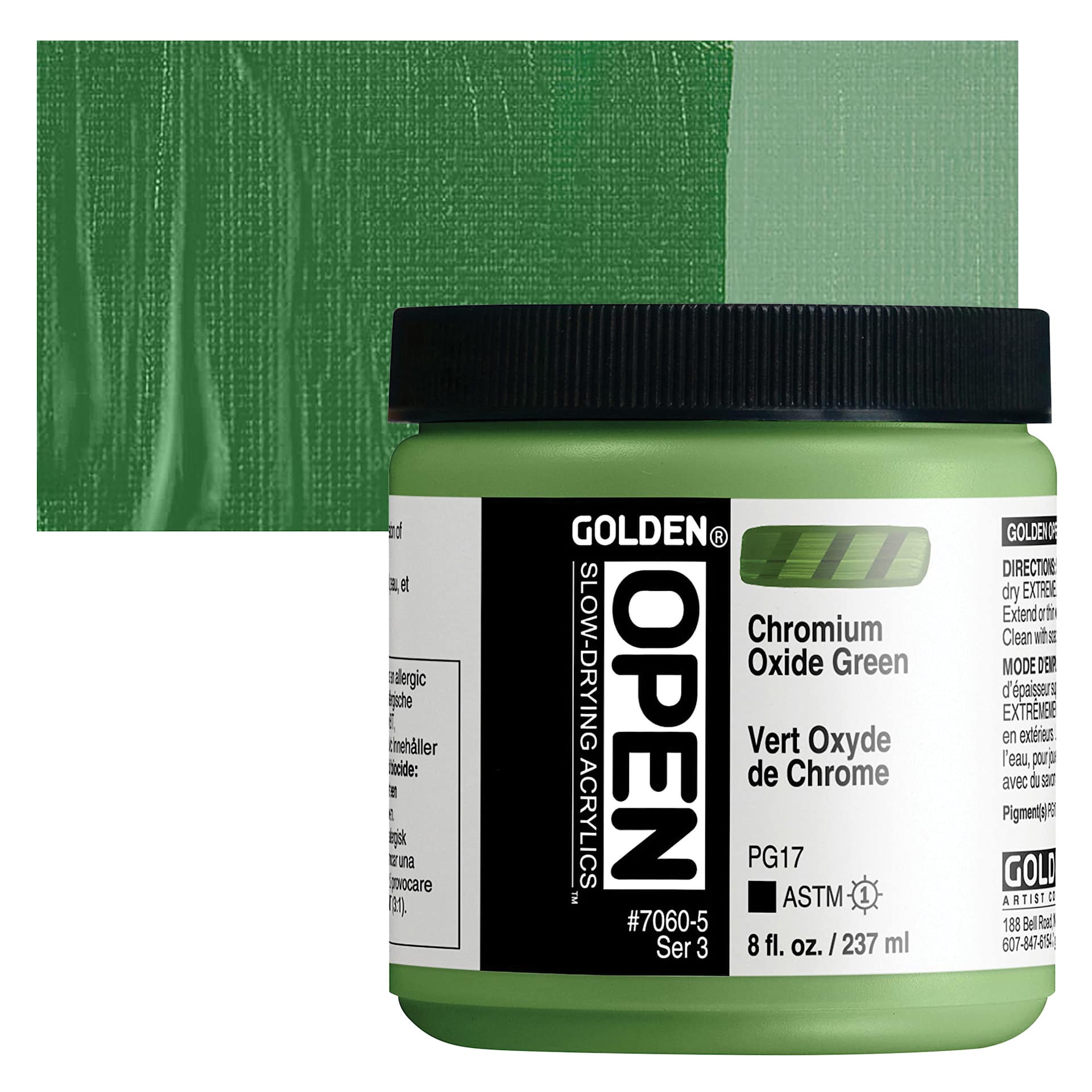 Golden Open Acrylic - Chromium Oxide Green, 8 oz Jar and swatch
