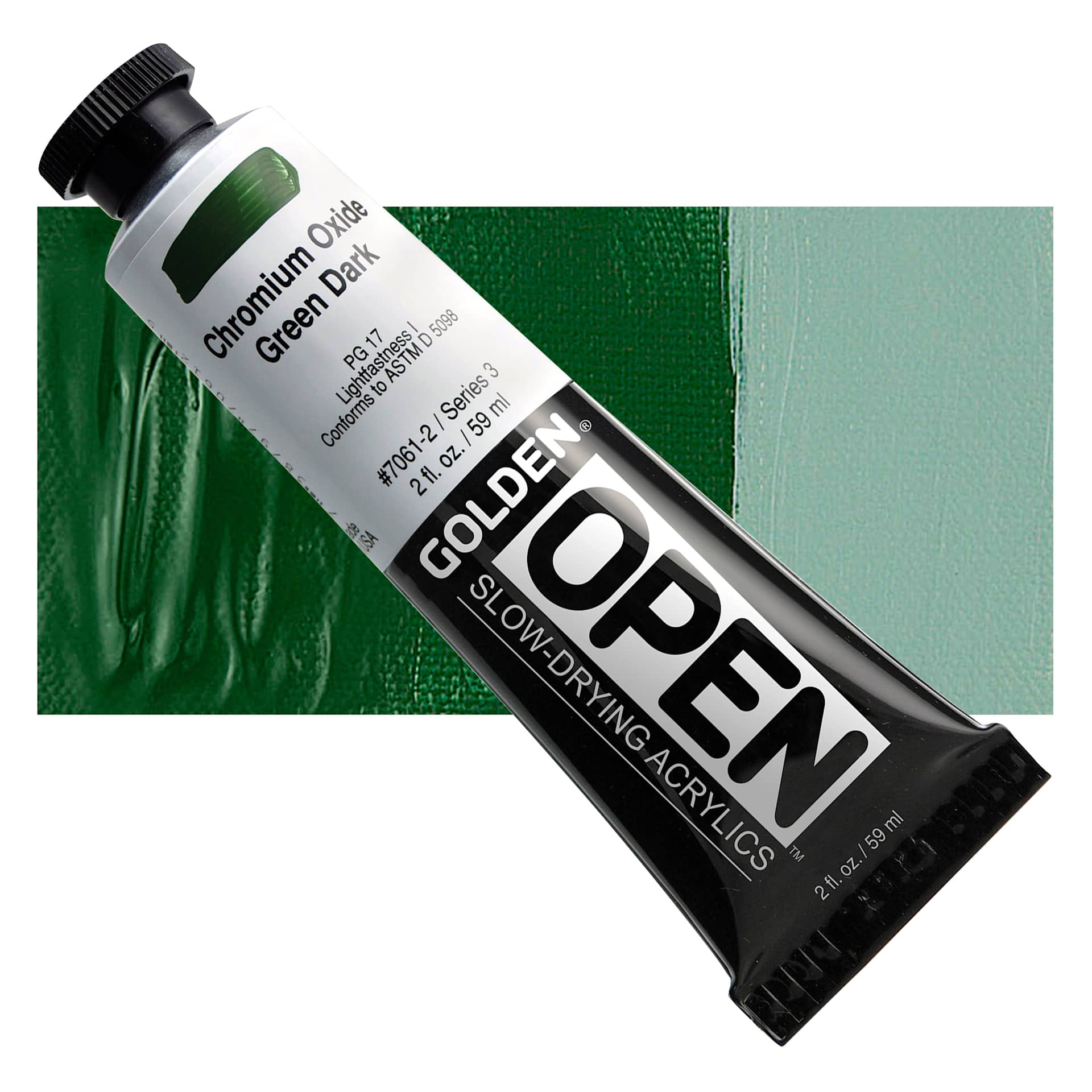 Golden Open Acrylic - Chromium Oxide Green Dark, 2 oz Tube and swatch