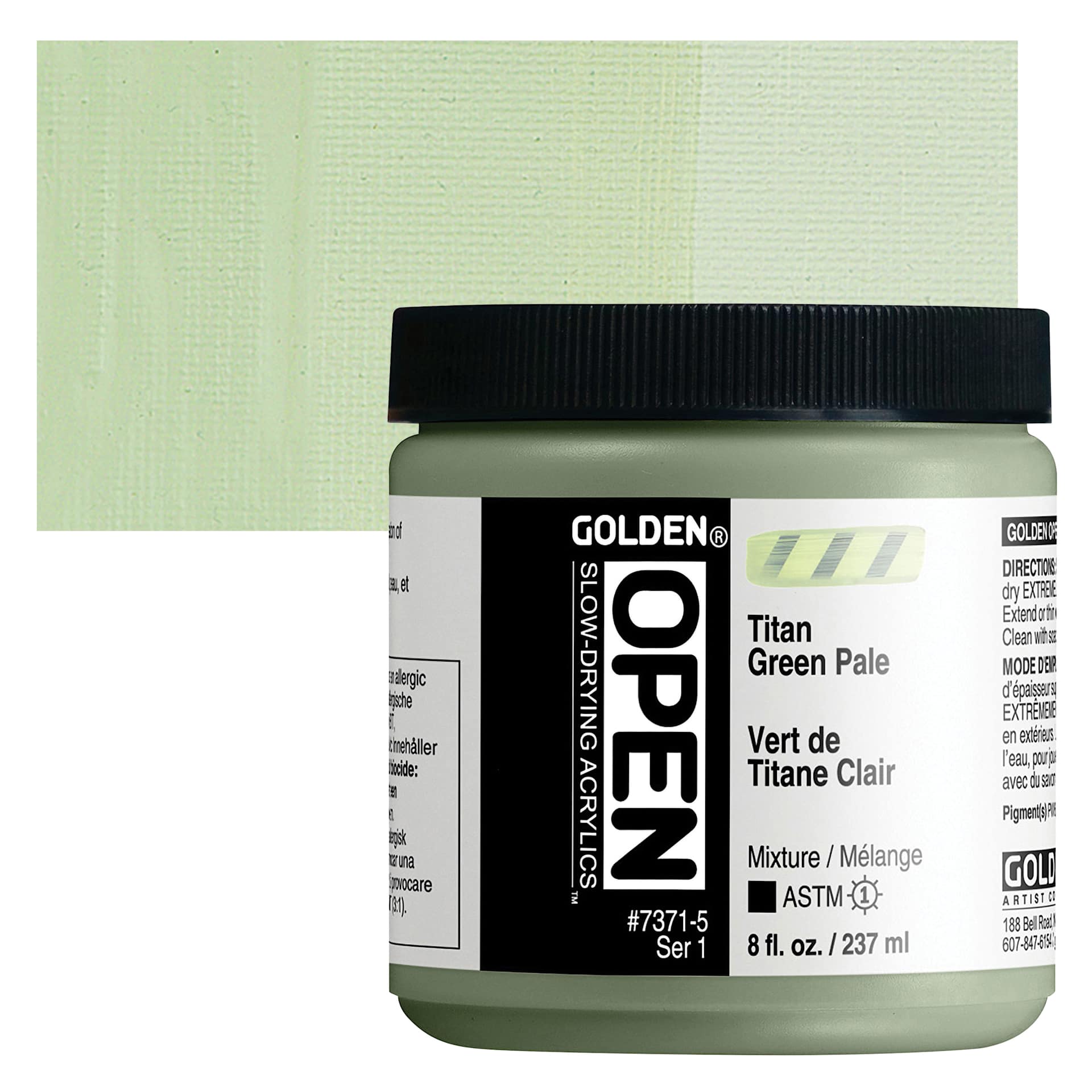 Golden Open Acrylic - Titan Green Pale, 8 oz Jar and swatch