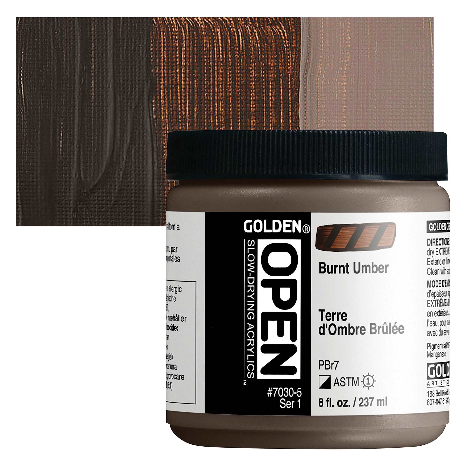 Golden Open Acrylic - Burnt Umber, 8 oz Jar and swatch