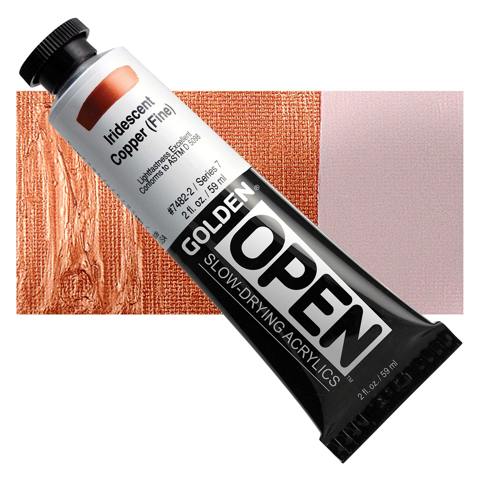 Golden Open Acrylic - Iridescent Copper (Fine), 2 oz Tube and swatch