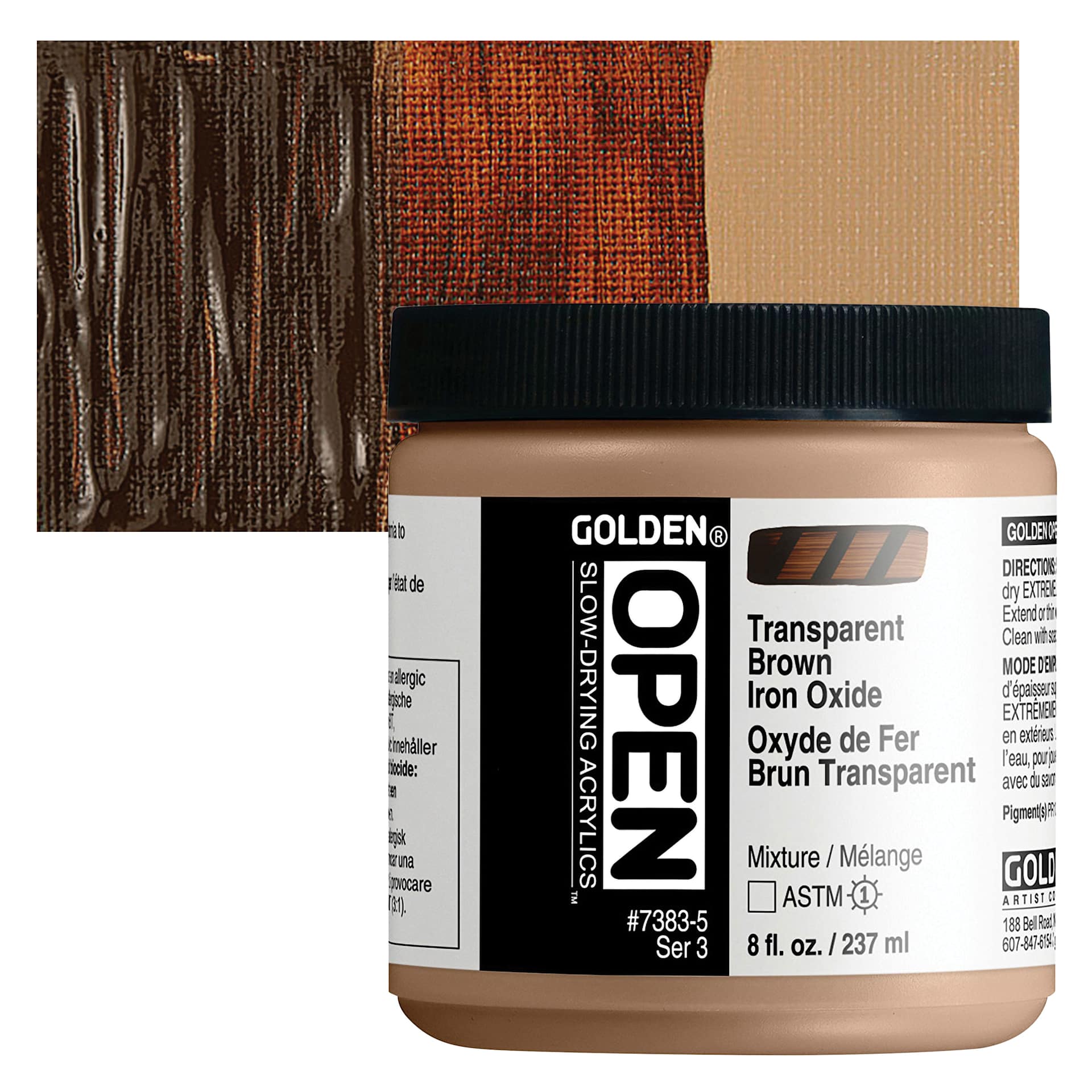 Golden Open Acrylic - Transparent Brown Iron Oxide, 8 oz Jar and swatch