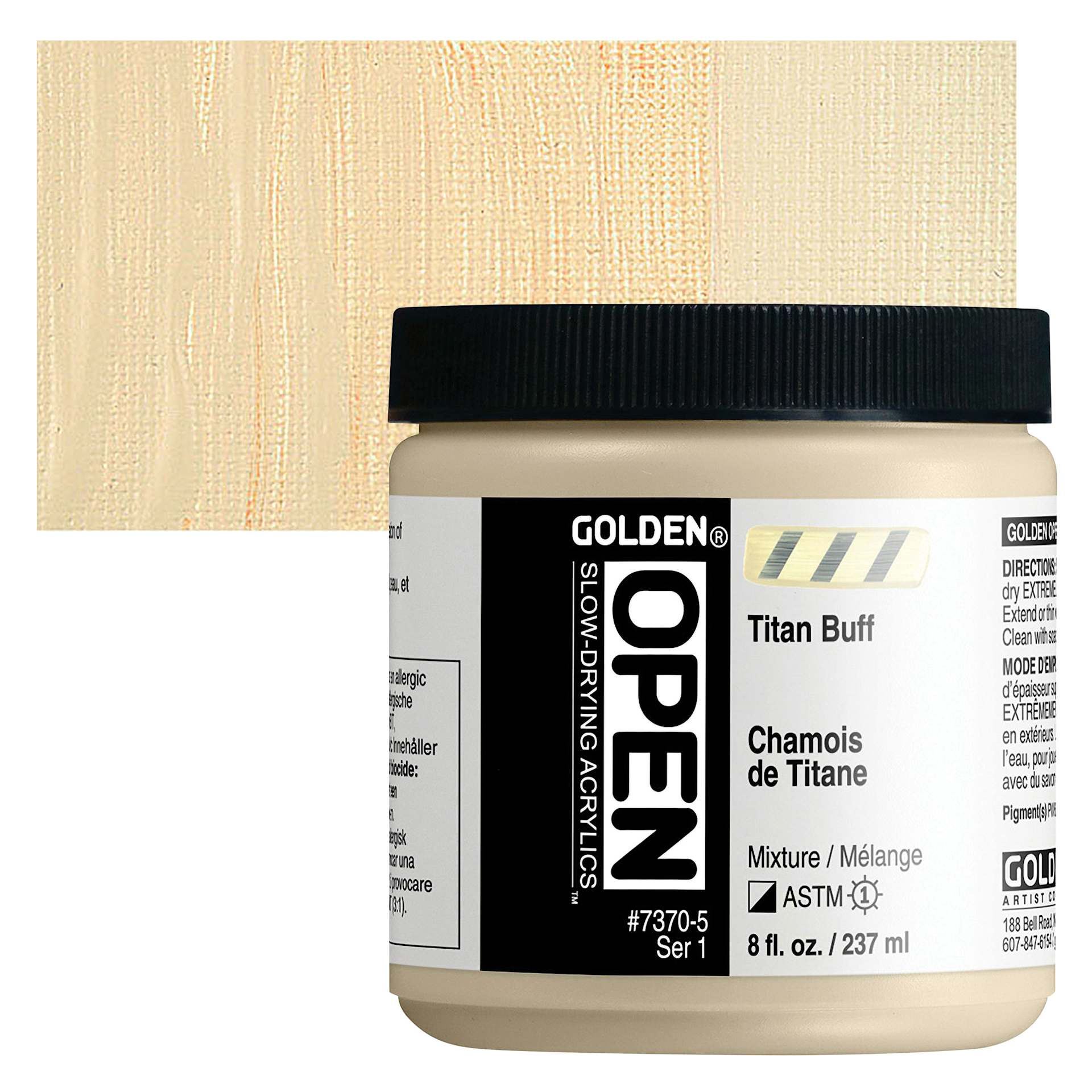 Golden Open Acrylic - Titan Buff, 8 oz Jar and swatch