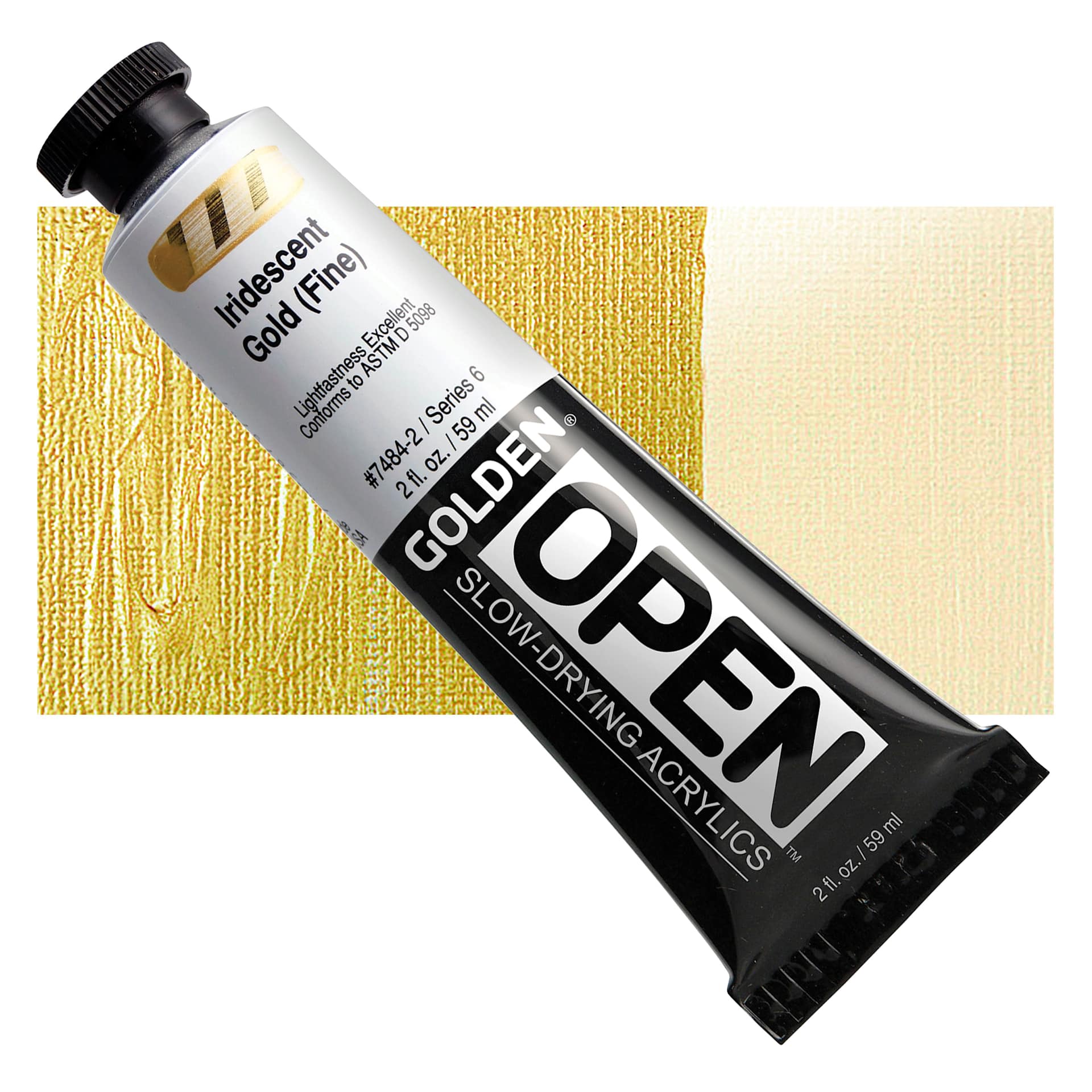 Golden Open Acrylic - Iridescent Gold (Fine), 2 oz Tube and swatch