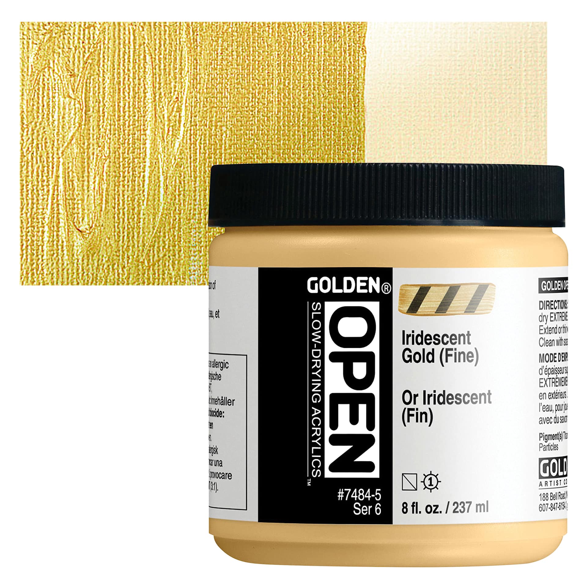 Golden Open Acrylic - Iridescent Gold (Fine), 8 oz Jar and swatch