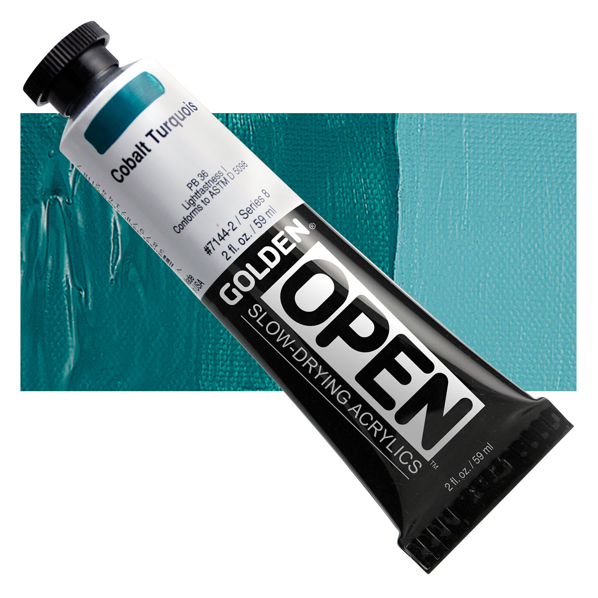 Golden Open Acrylic - Cobalt Turquoise, 2 oz Tube and swatch