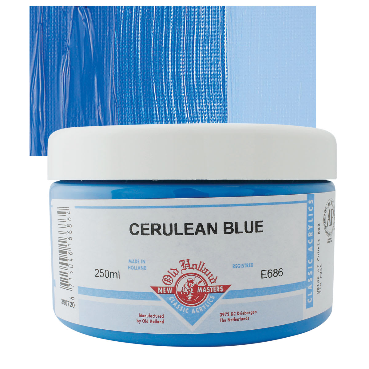 Old Holland New Masters Classic Acrylic Paint - Cerulean Blue, 250 ml jar and swatch