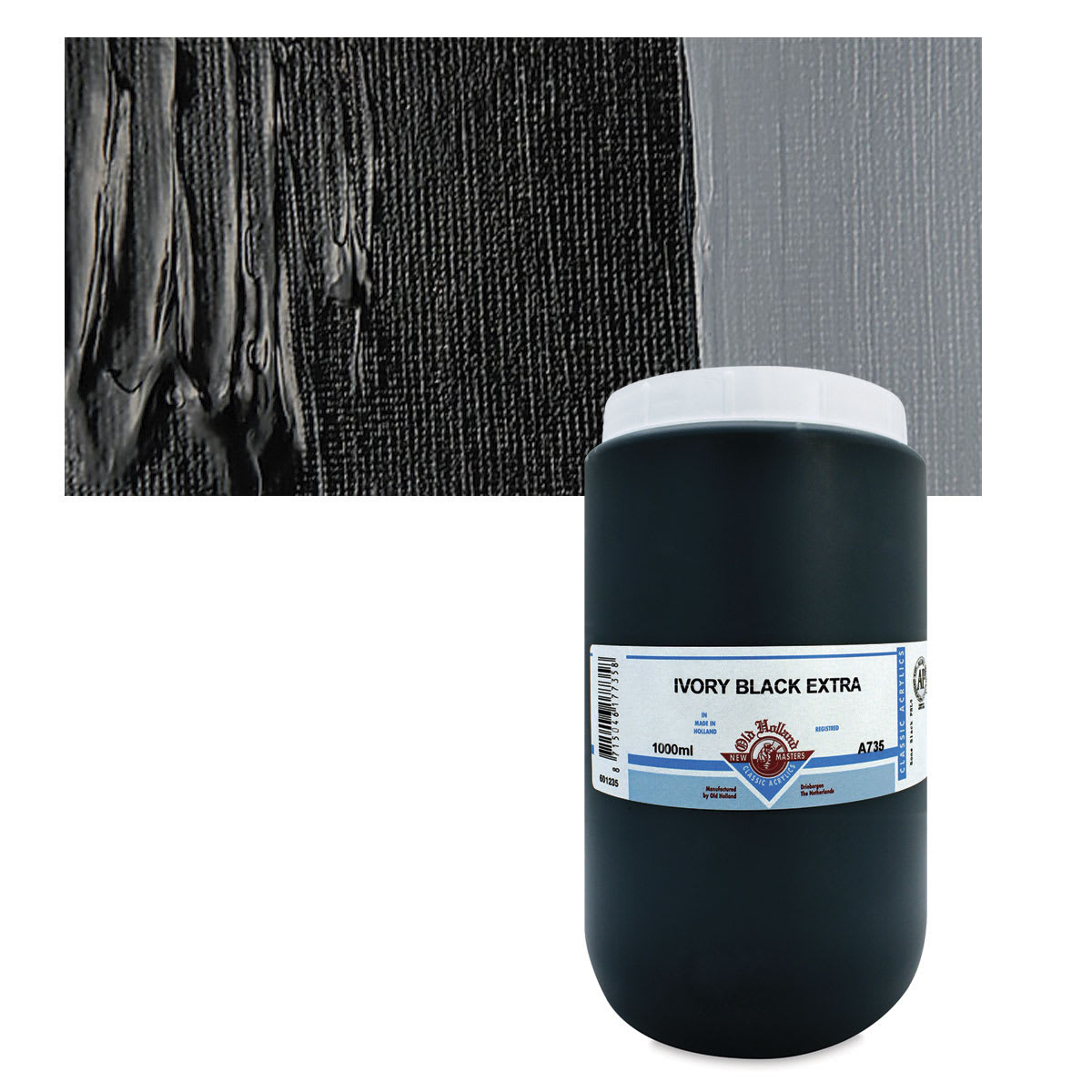 Old Holland New Masters Classic Acrylic Paint - Ivory Black Extra, 1 L jar and swatch