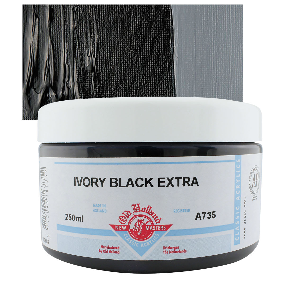 Old Holland New Masters Classic Acrylic Paint - Ivory Black Extra, 250 ml jar and swatch