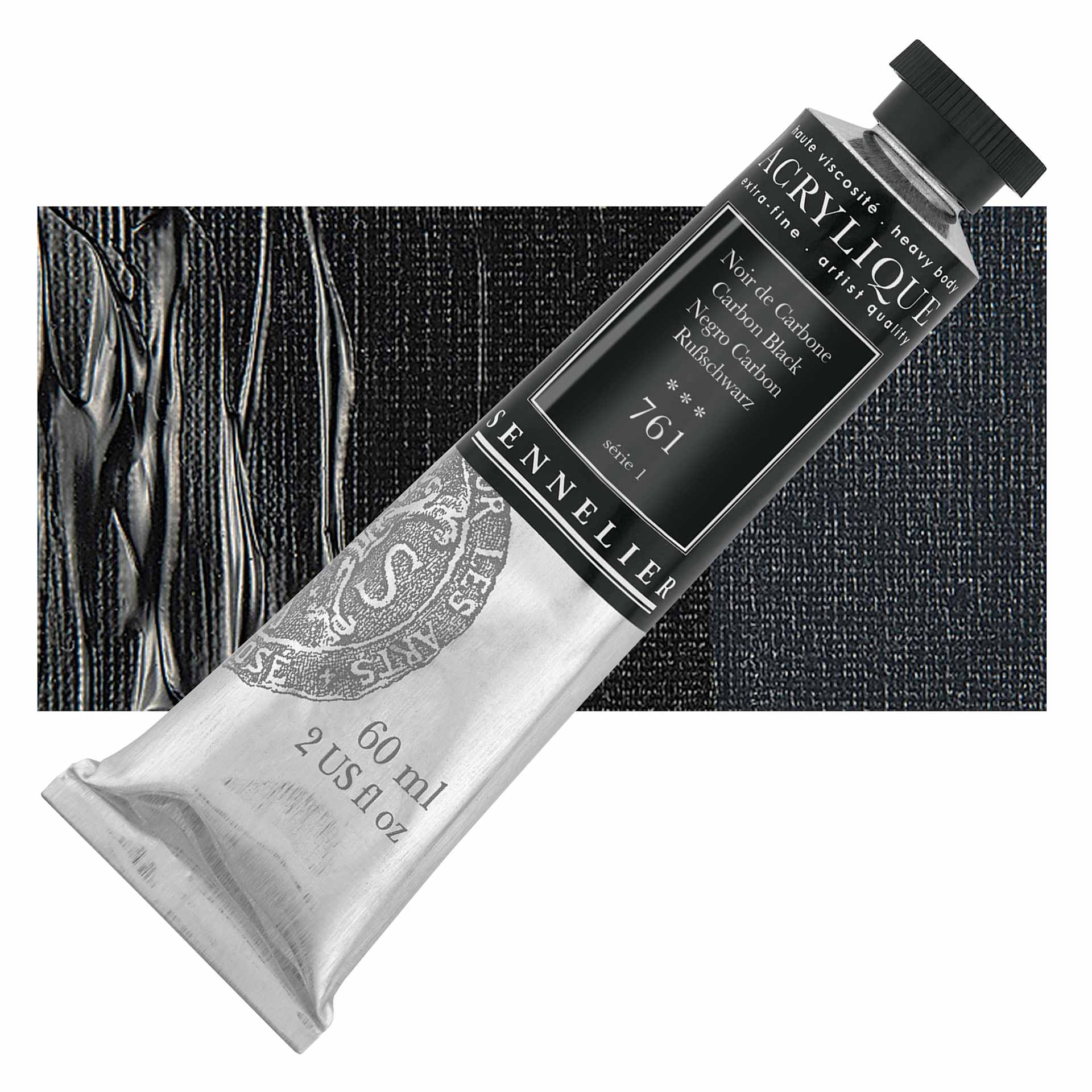 Sennelier Extra-Fine Artist Acrylique - Carbon Black, 60 ml tube and swatch