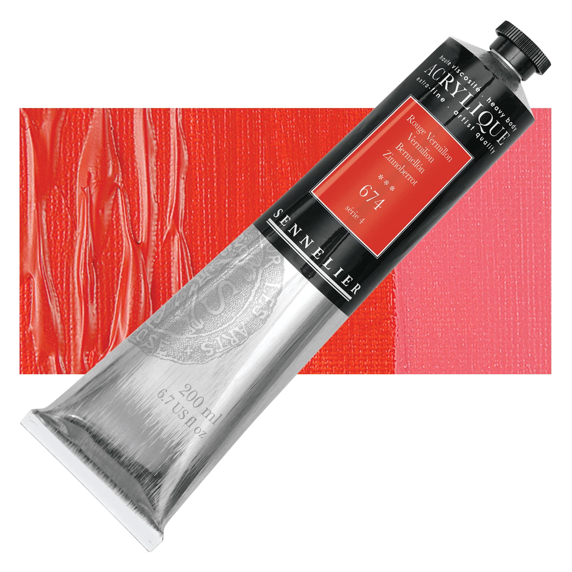 Sennelier Extra-Fine Artist Acrylique - Vermilion, 200 ml tube and swatch