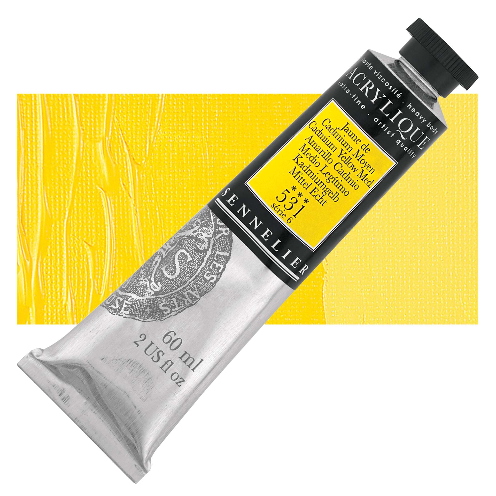 Sennelier Extra-Fine Artist Acrylique - Cadmium Yellow Medium, 60 ml tube and swatch