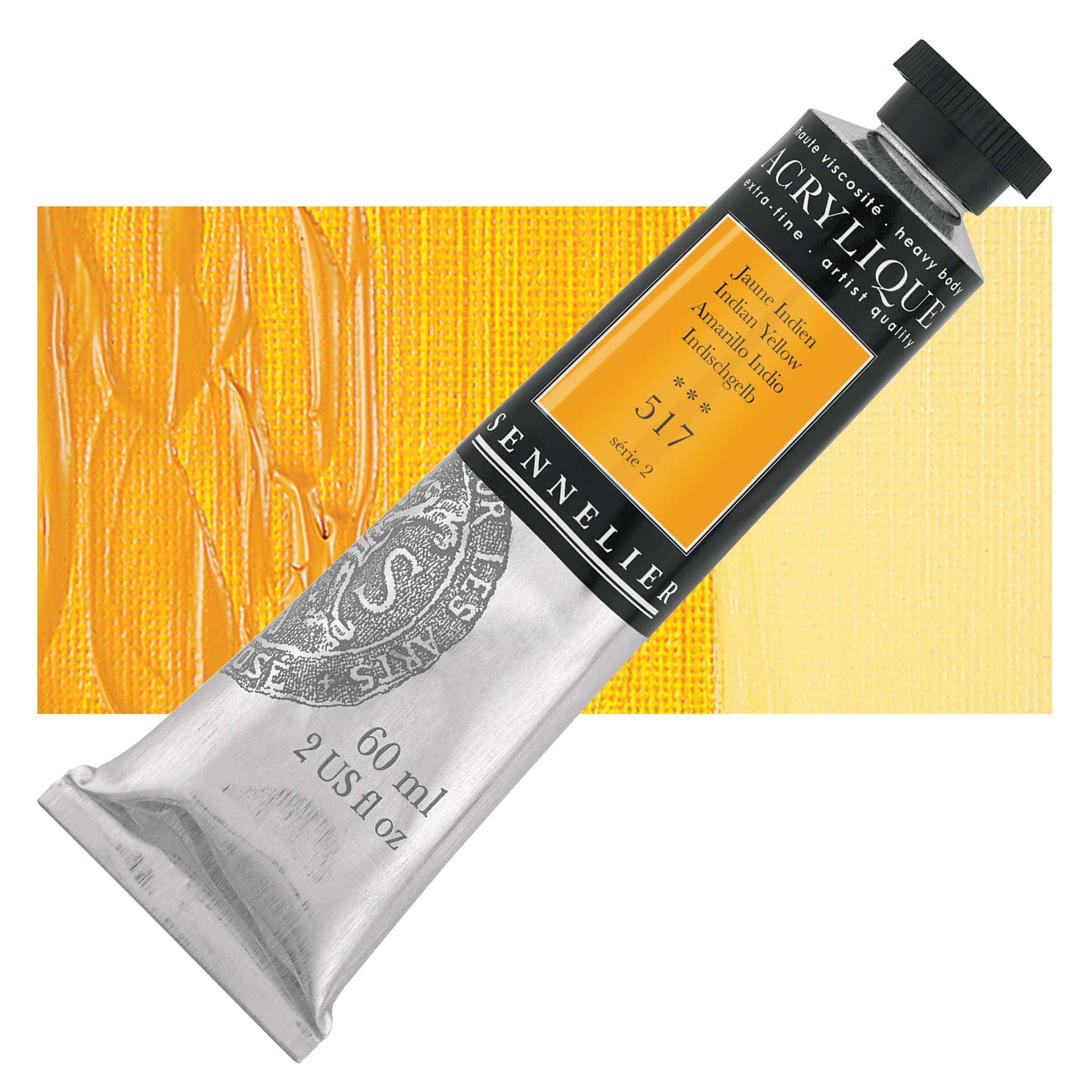 Sennelier Extra-Fine Artist Acrylique - Indian Yellow, 60 ml tube and swatch