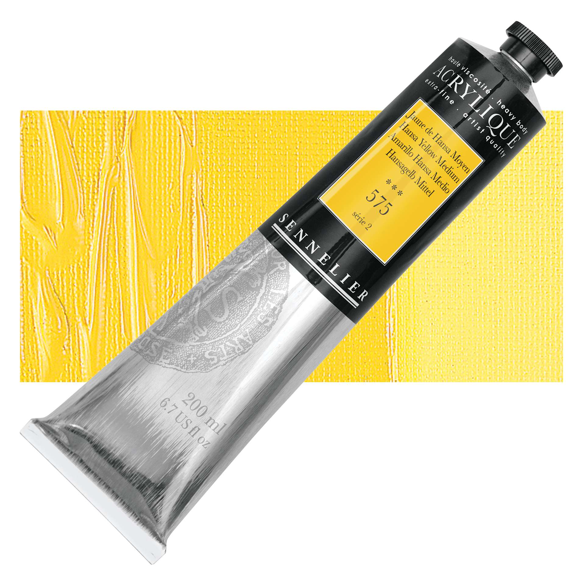 Sennelier Extra-Fine Artist Acrylique - Hansa Yellow Medium, 200 ml tube and swatch