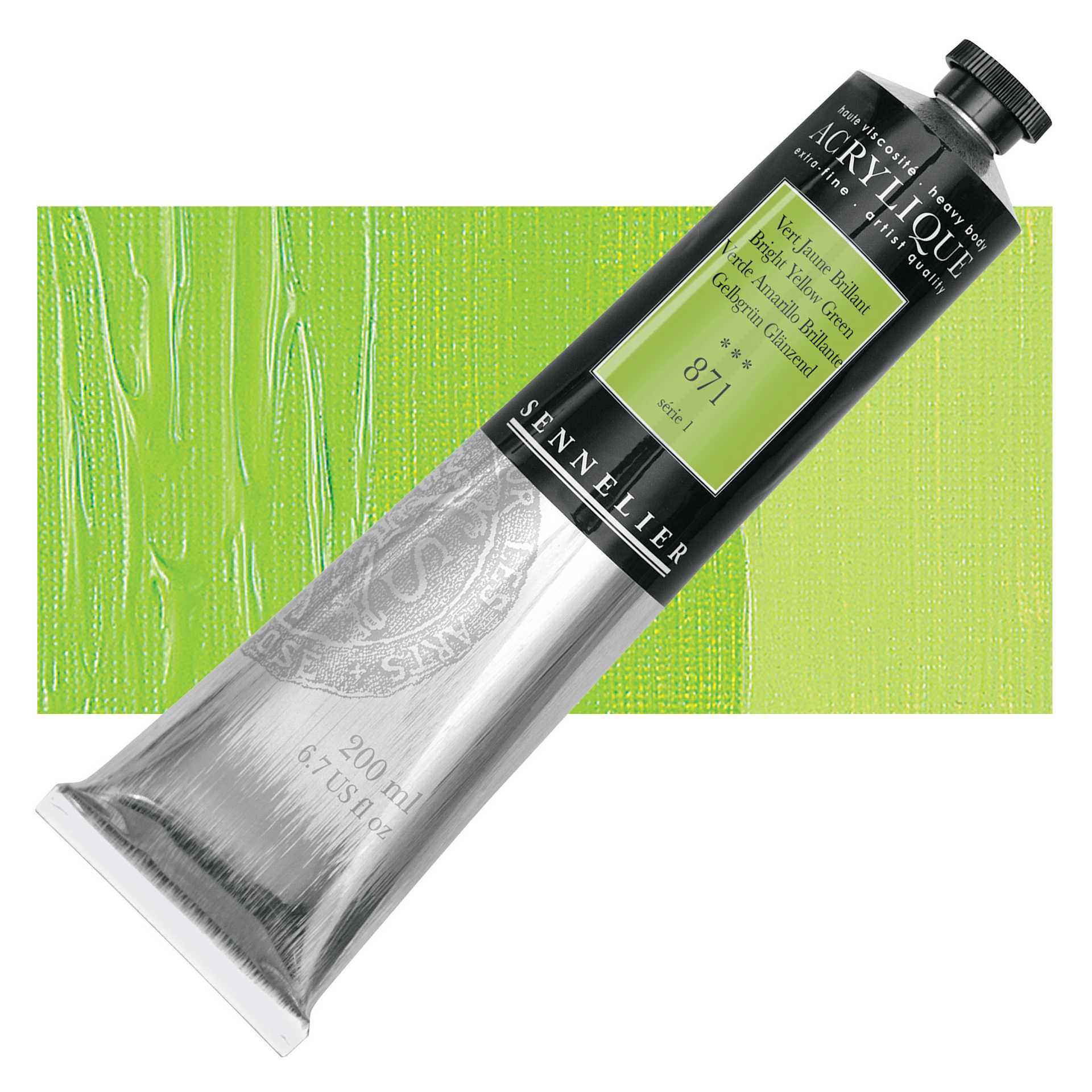 Sennelier Extra-Fine Artist Acrylique - Bright Yellow Green, 200 ml tube and swatch