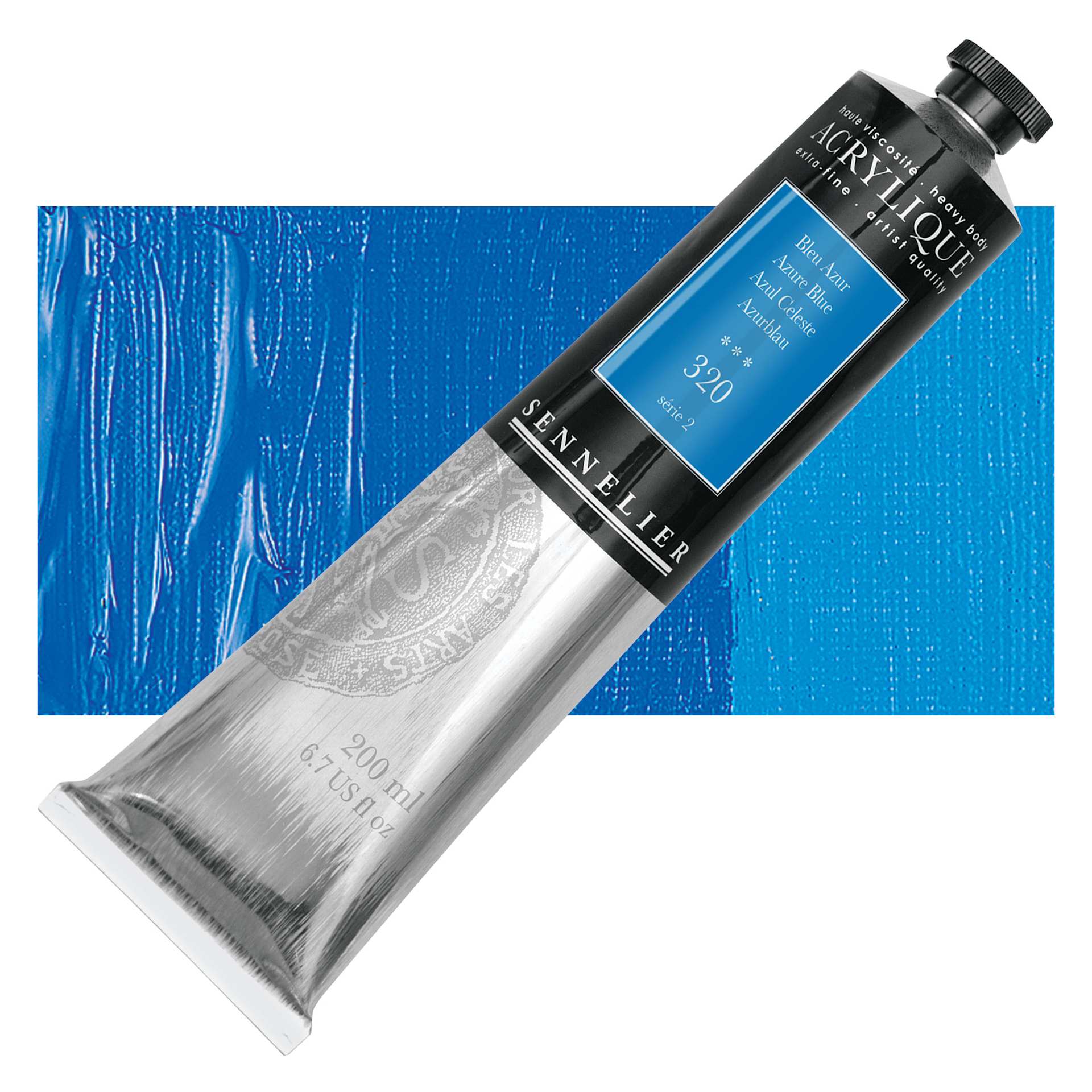 Sennelier Extra-Fine Artist Acrylique - Azure Blue, 200 ml tube and swatch