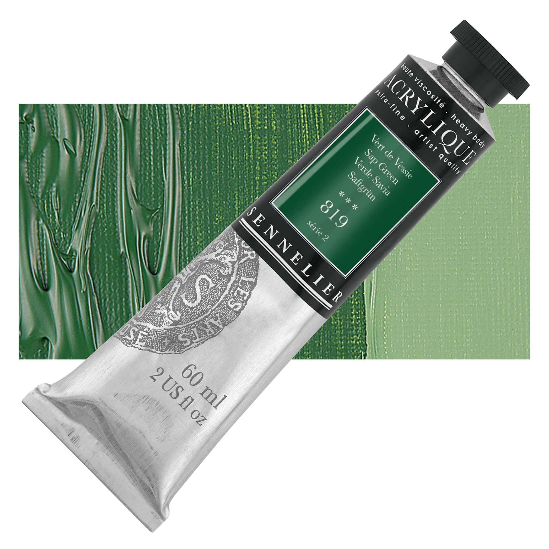 Sennelier Extra-Fine Artist Acrylique - Sap Green, 60 ml tube and swatch
