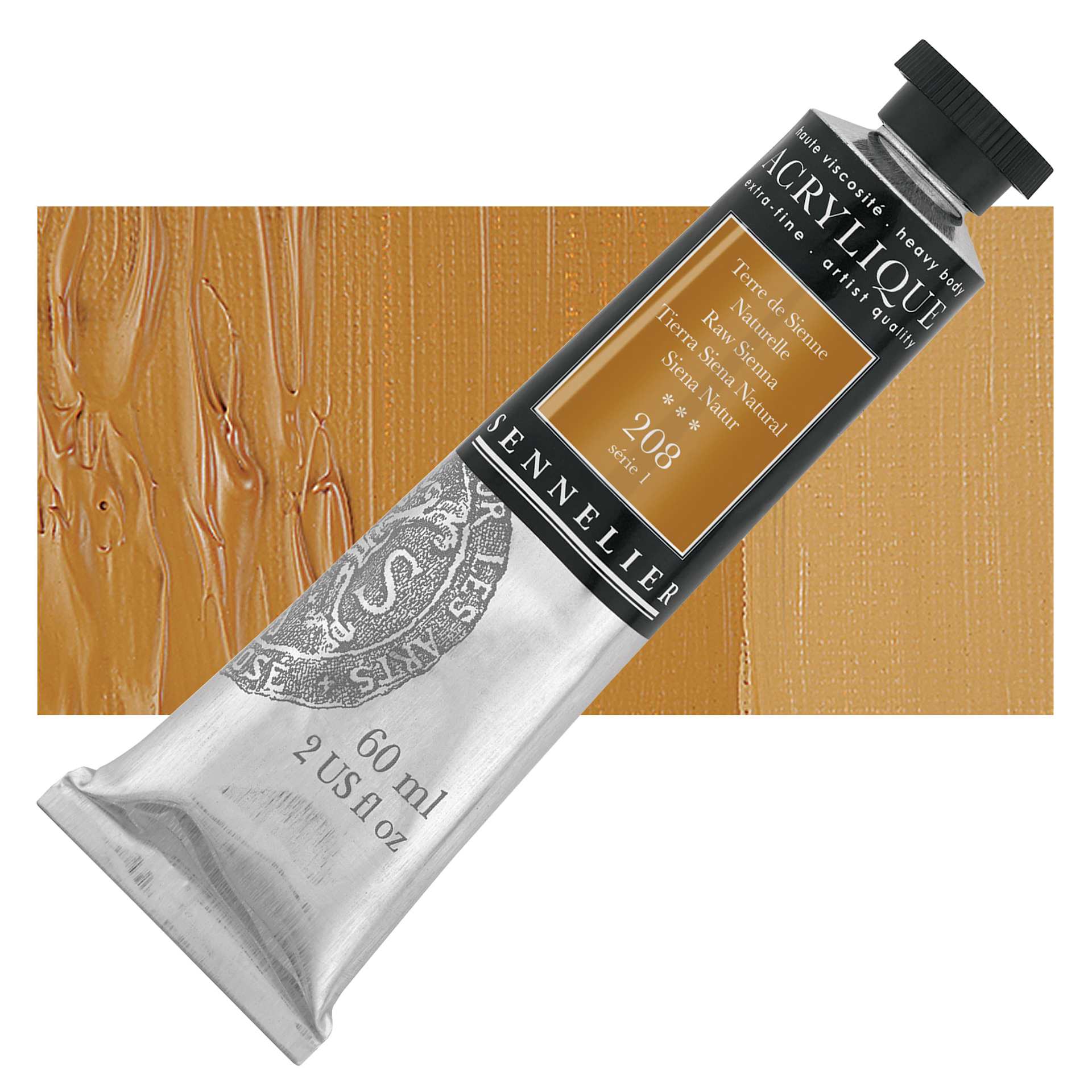 Sennelier Extra-Fine Artist Acrylique - Raw Sienna, 60 ml tube and swatch