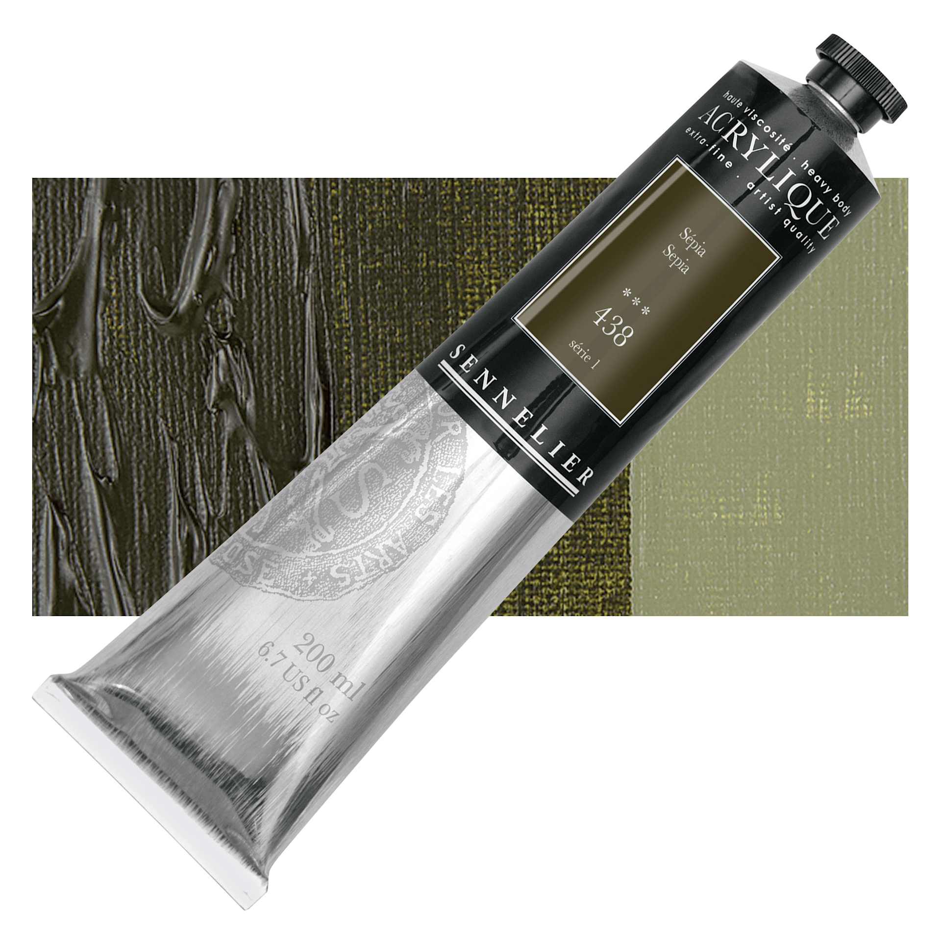 Sennelier Extra-Fine Artist Acrylique - Sepia, 200 ml tube and swatch