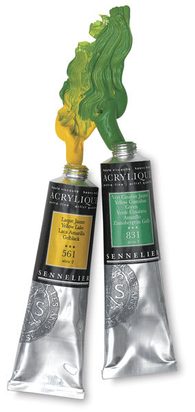 Sennelier Extra-Fine Artist Acryliques - Paint mixing from open tubes of Yellow and Green colors Sennelier Extra-Fine Artist Acryliques - Paint mixing from open tubes of Yellow and Green colors