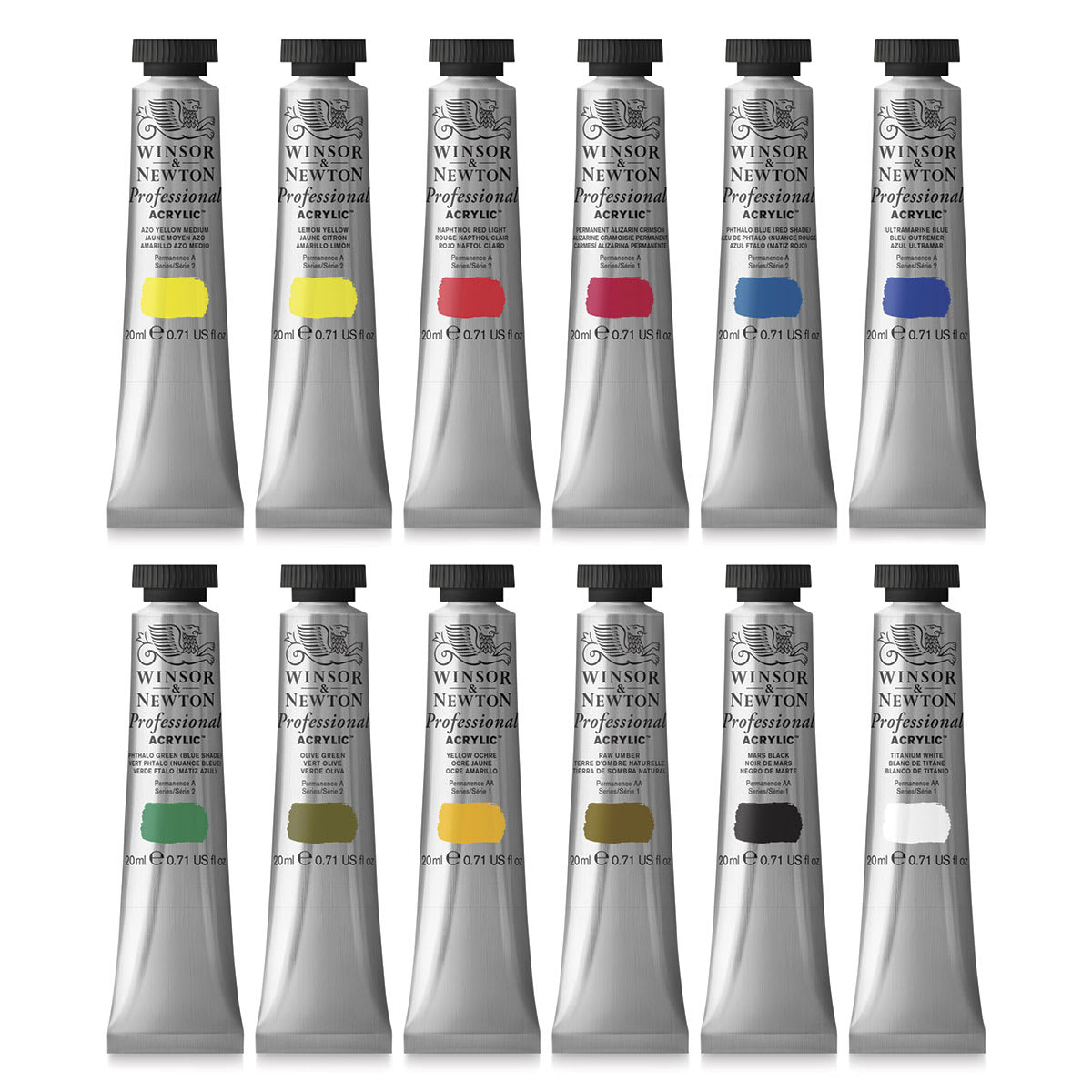 Winsor & Newton Professional Acrylics - Starter Set of 12 Colors, 20 ml tubes, out of packaging