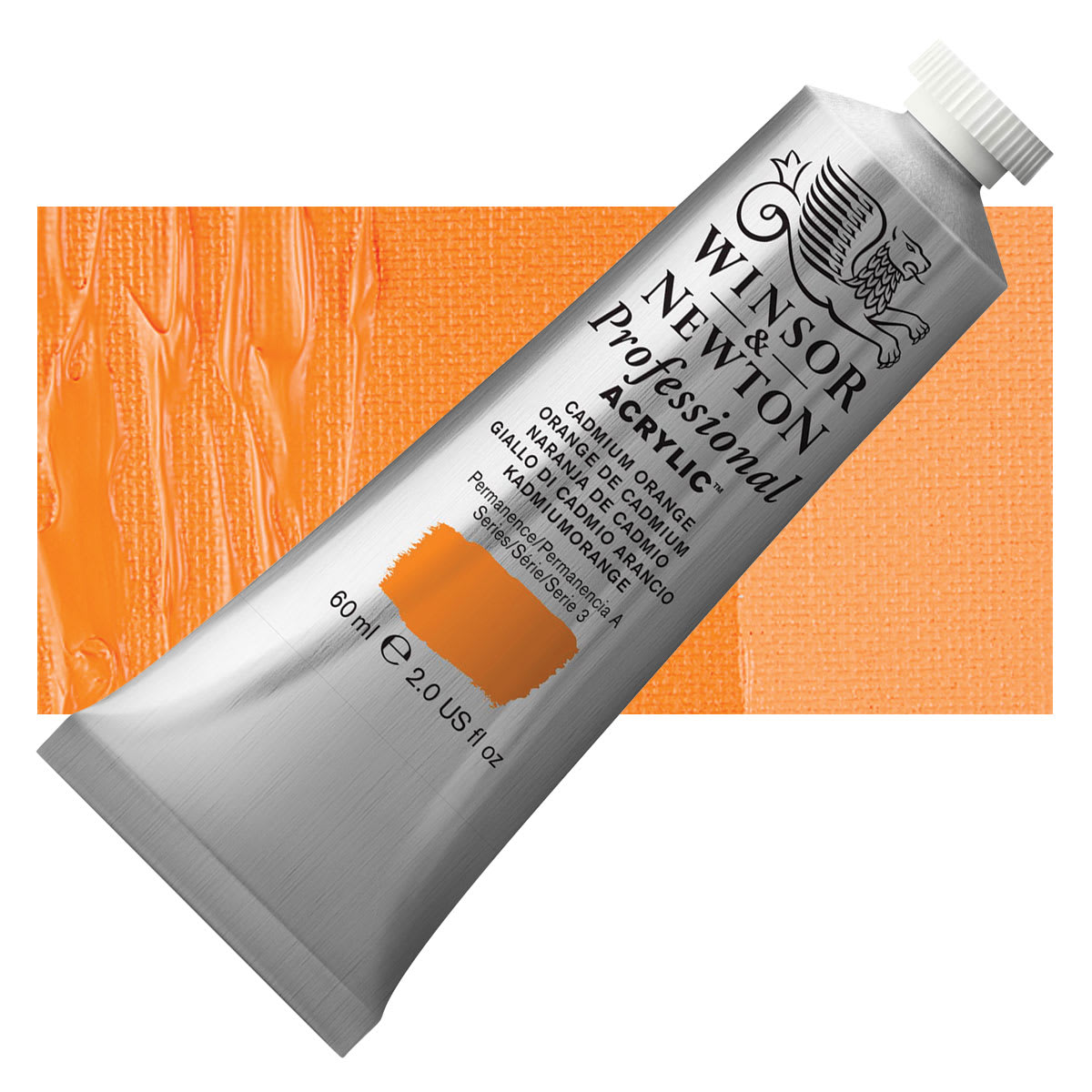Winsor & Newton Professional Acrylic Paint - Cadmium Orange, 60 ml tube and swatch