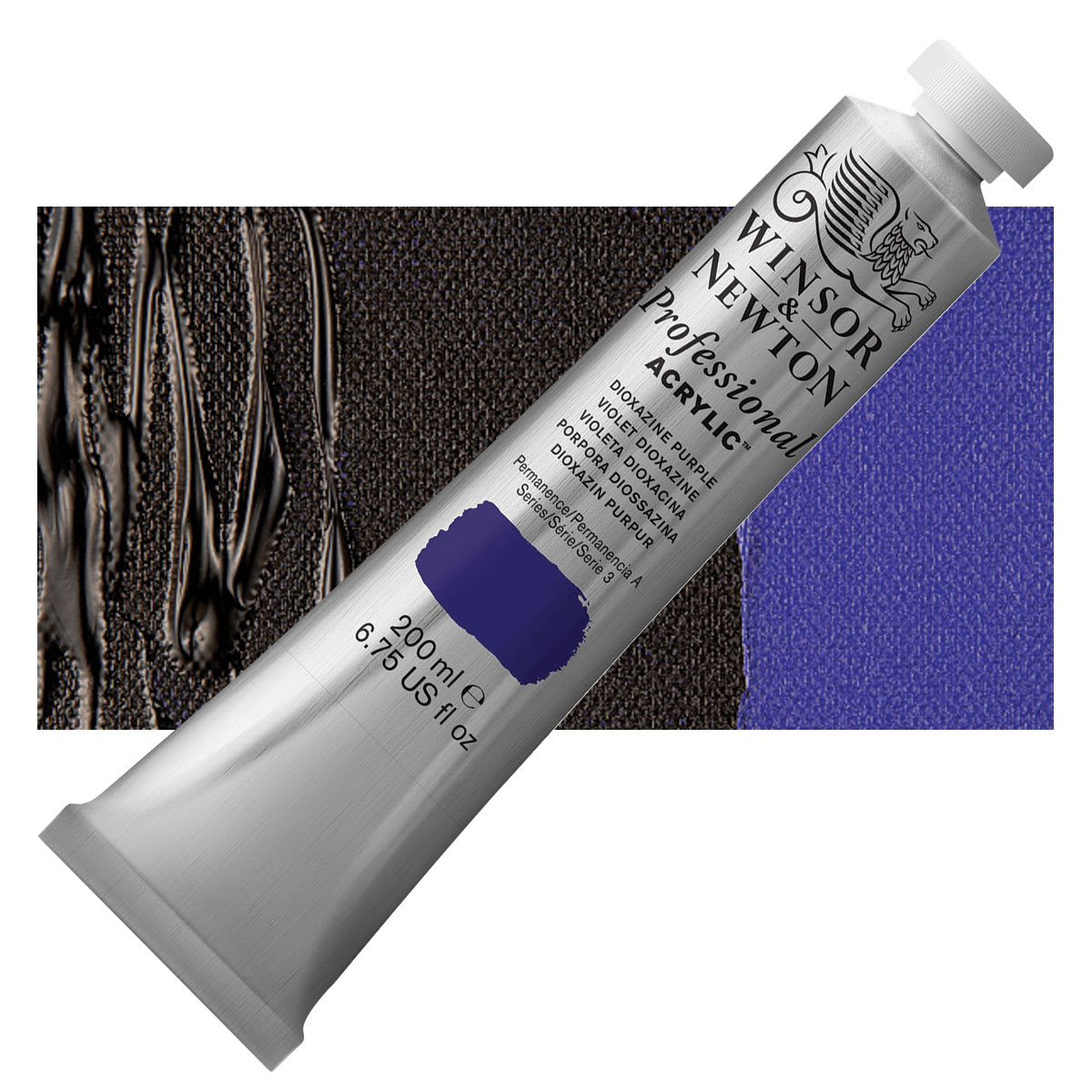 Winsor & Newton Professional Acrylic Paint - Dioxazine Purple, 200 ml tube and swatch