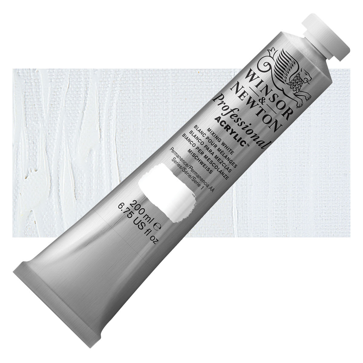 Winsor & Newton Professional Acrylic Paint - Mixing White, 200 ml tube and swatch