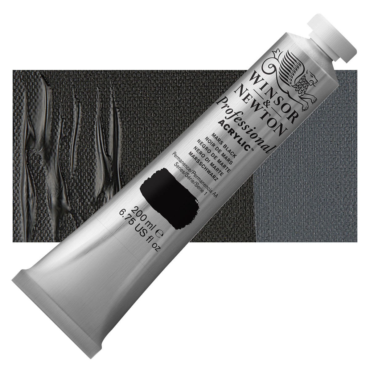 Winsor & Newton Professional Acrylic Paint - Mars Black, 200 ml tube and swatch