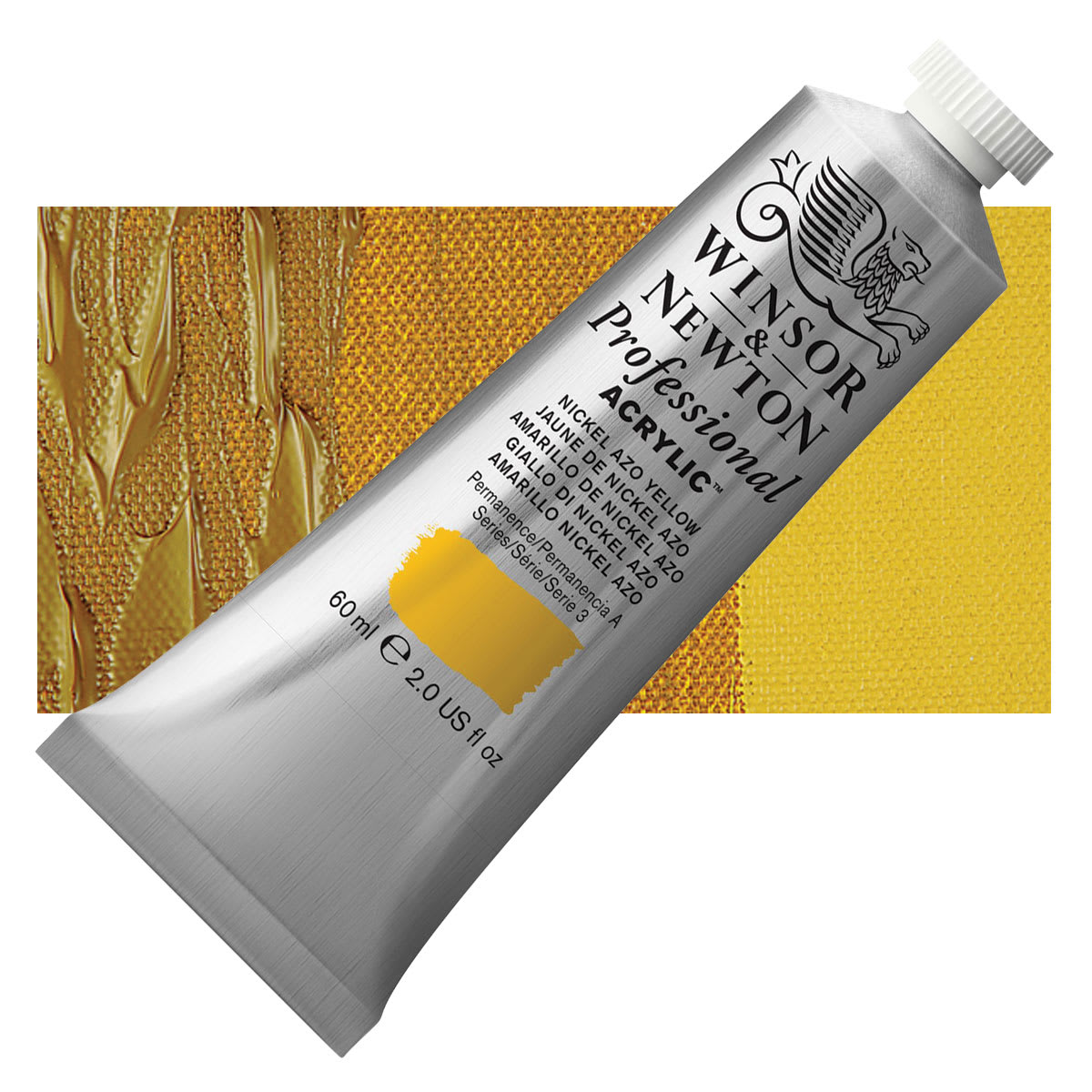 Winsor & Newton Professional Acrylic Paint - Nickel Azo Yellow, 60 ml tube and swatch
