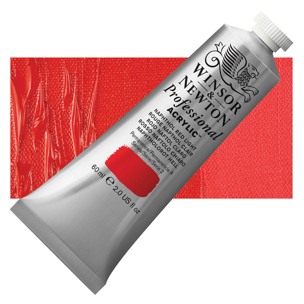 Winsor & Newton Professional Acrylic Paint - Naphthol Red Light, 60 ml tube and swatch