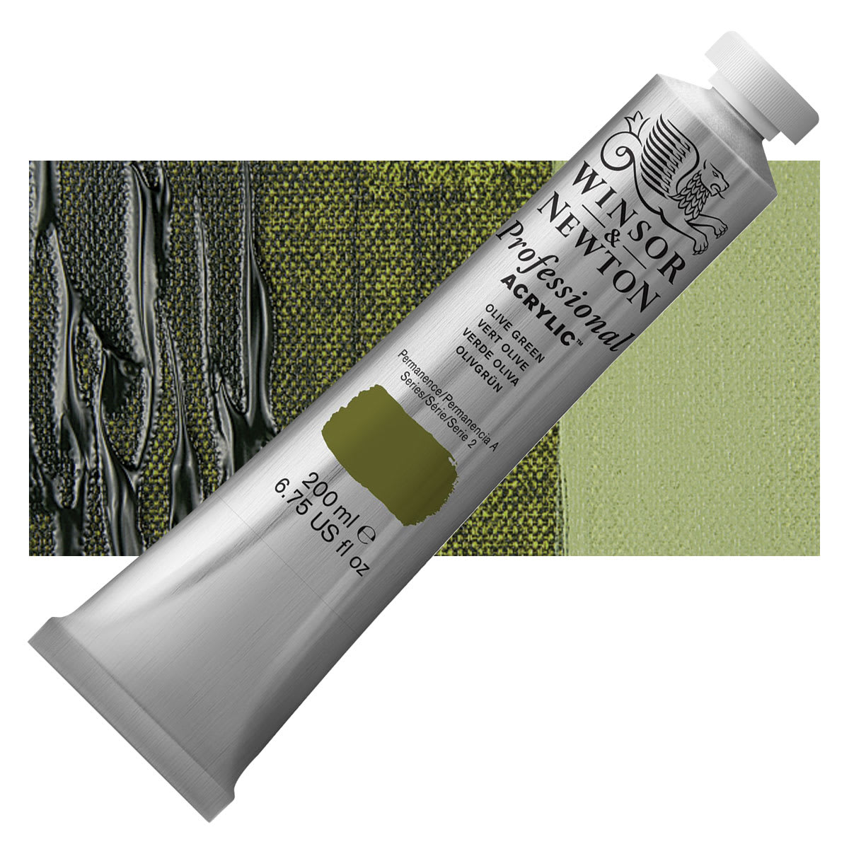 Winsor & Newton Professional Acrylic Paint - Olive Green, 200 ml tube and swatch