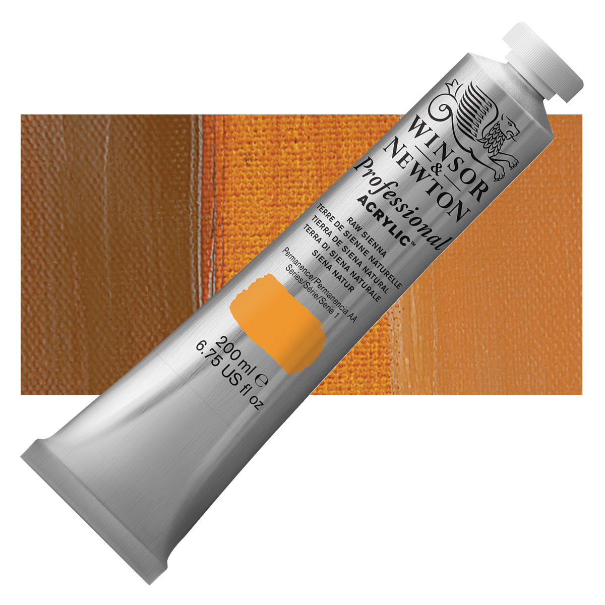 Winsor & Newton Professional Acrylic Paint - Raw Sienna, 200 ml tube and swatch