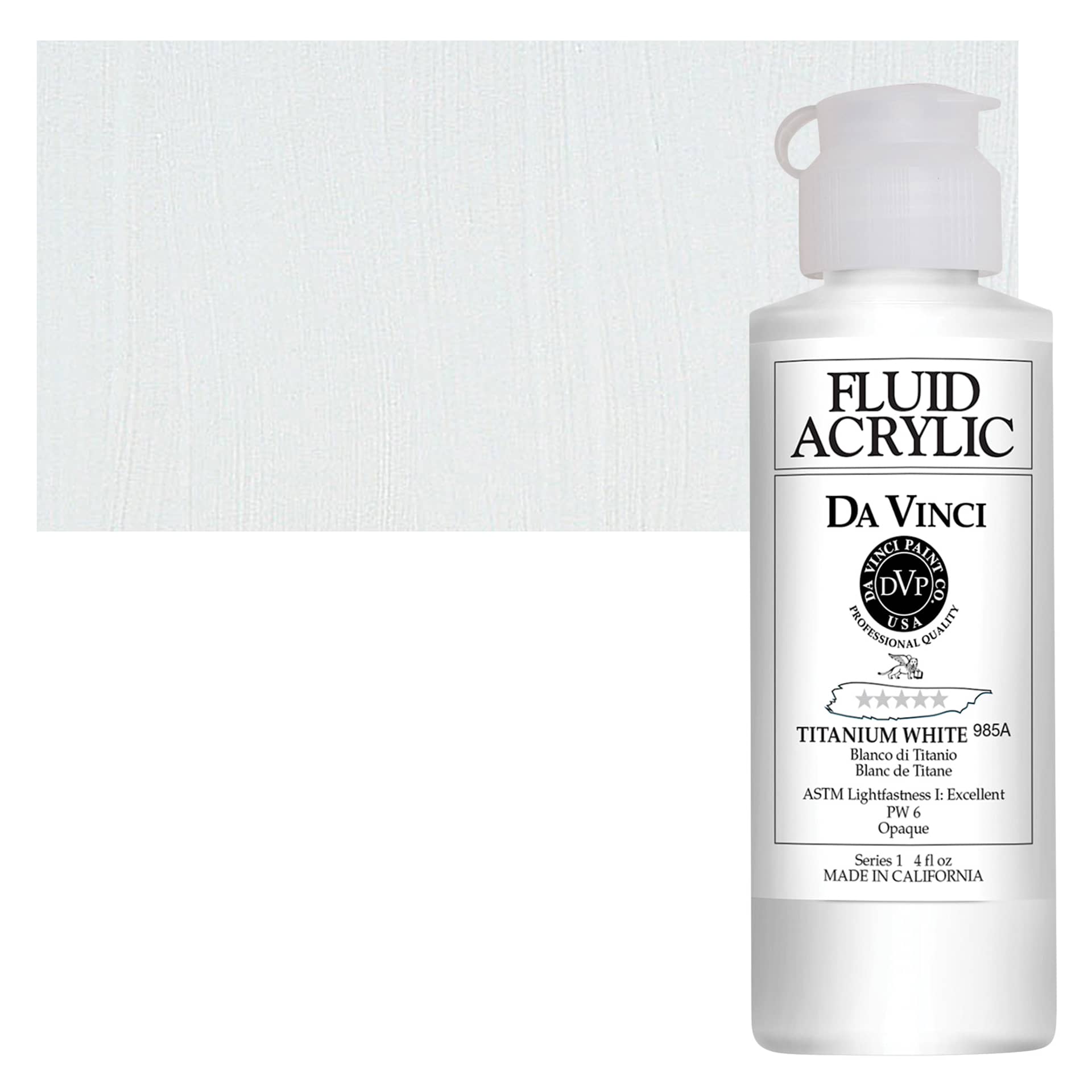 Da Vinci Fluid Acrylic Paint - Titanium White, 4 oz bottle and swatch