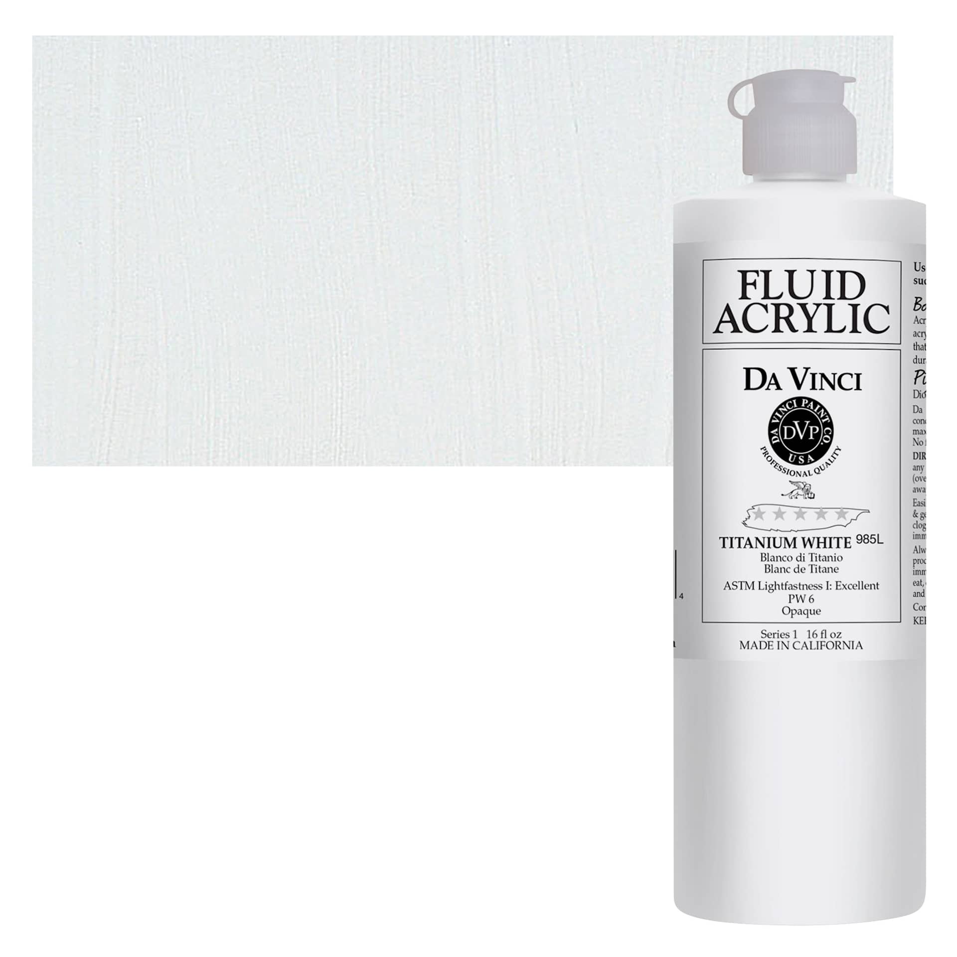 Da Vinci Fluid Acrylic Paint - Titanium White, 16 oz bottle and swatch