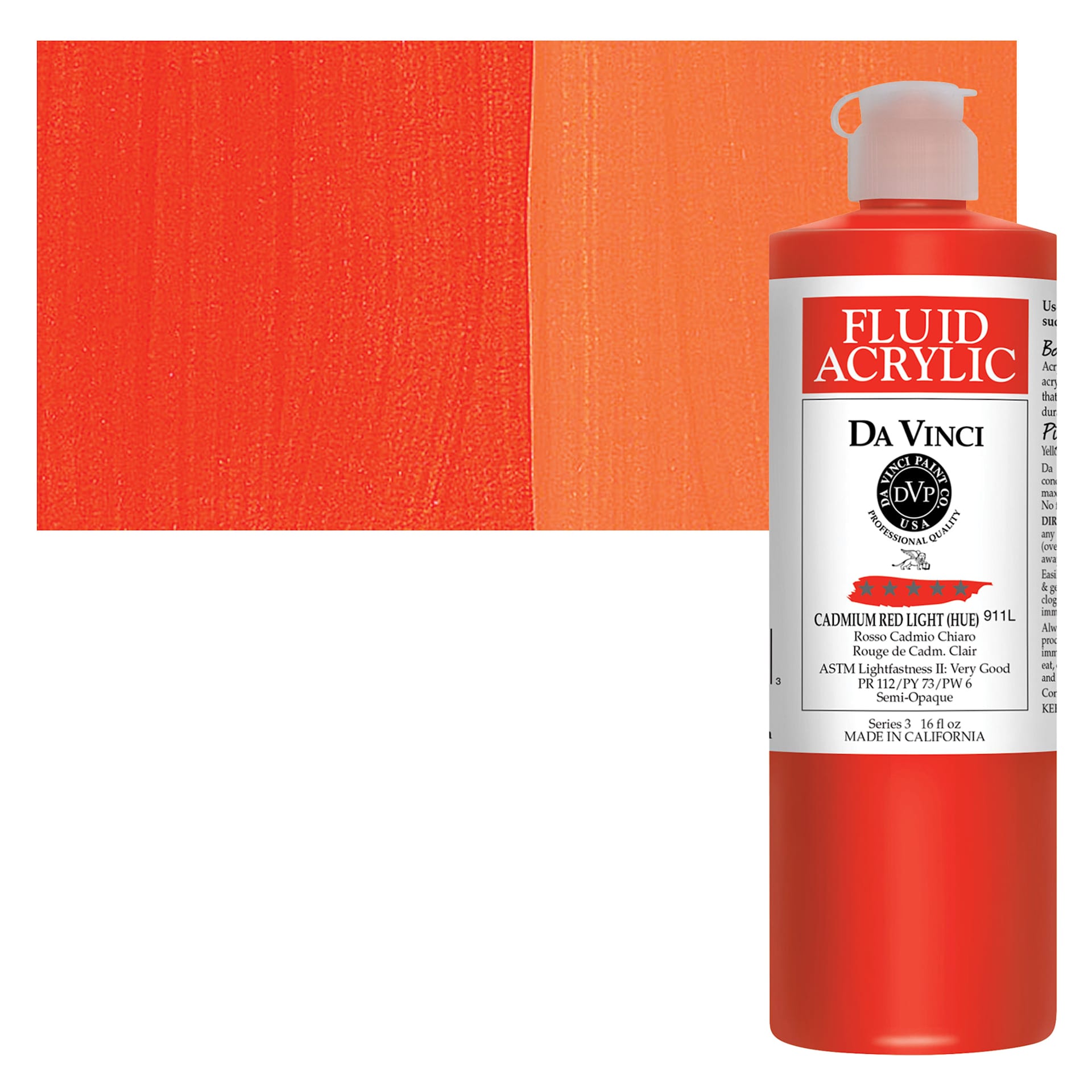 Da Vinci Fluid Acrylic Paint - Cadmium Red Light Hue, 16 oz bottle and swatch
