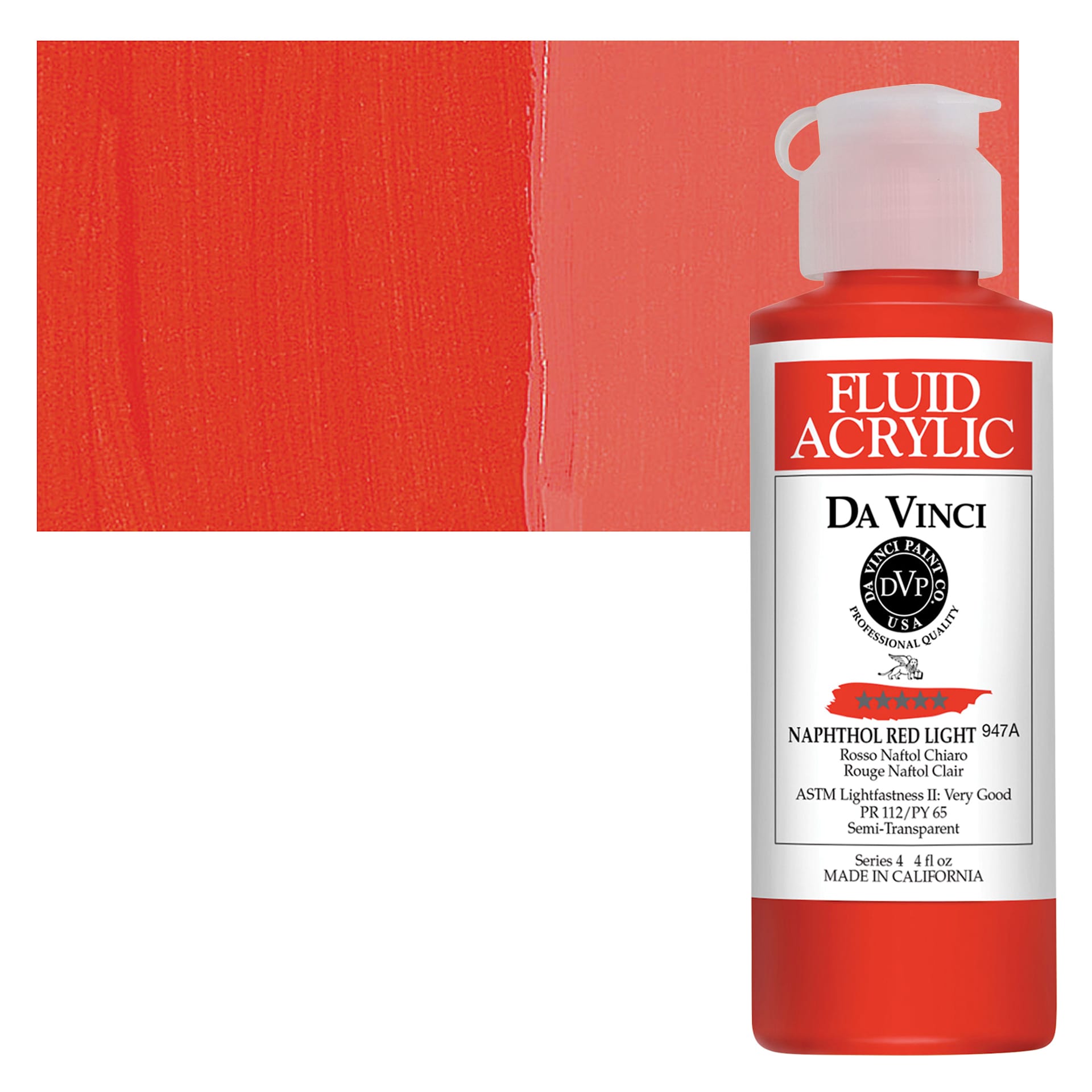 Da Vinci Fluid Acrylic Paint - Napthol Red Light, 4 oz bottle and swatch