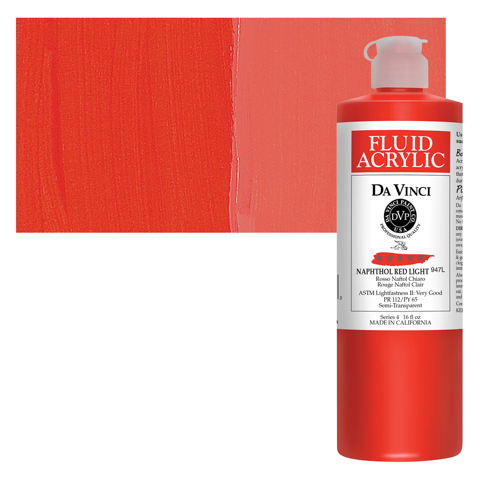 Da Vinci Fluid Acrylic Paint - Napthol Red Light, 16 oz bottle and swatch