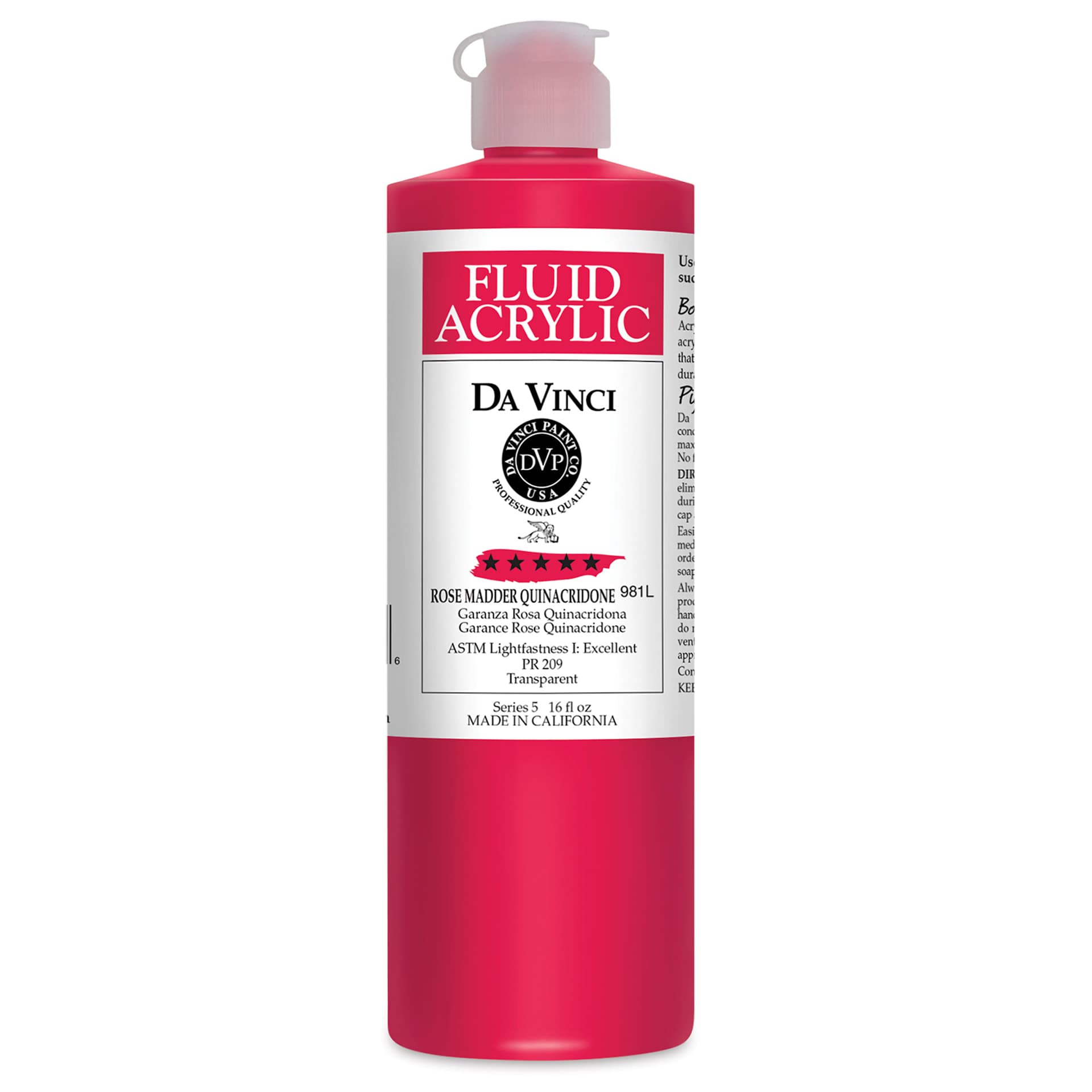Da Vinci Fluid Acrylics - Rose Madder Quinacridone, 16 oz bottle