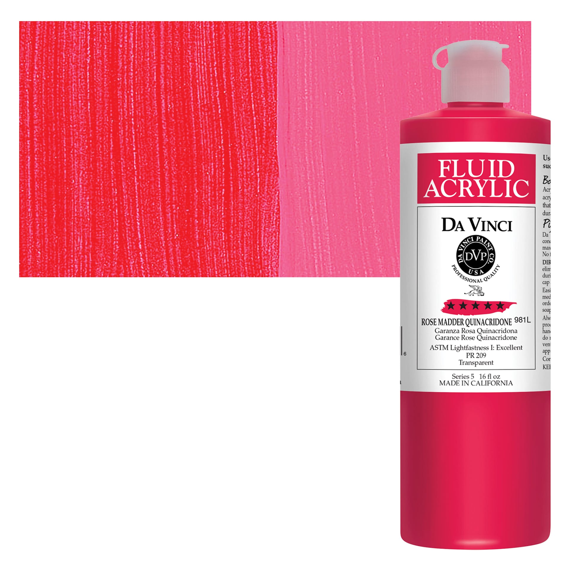 Da Vinci Fluid Acrylic Paint - Rose Madder Quinacridone, 16 oz bottle and swatch