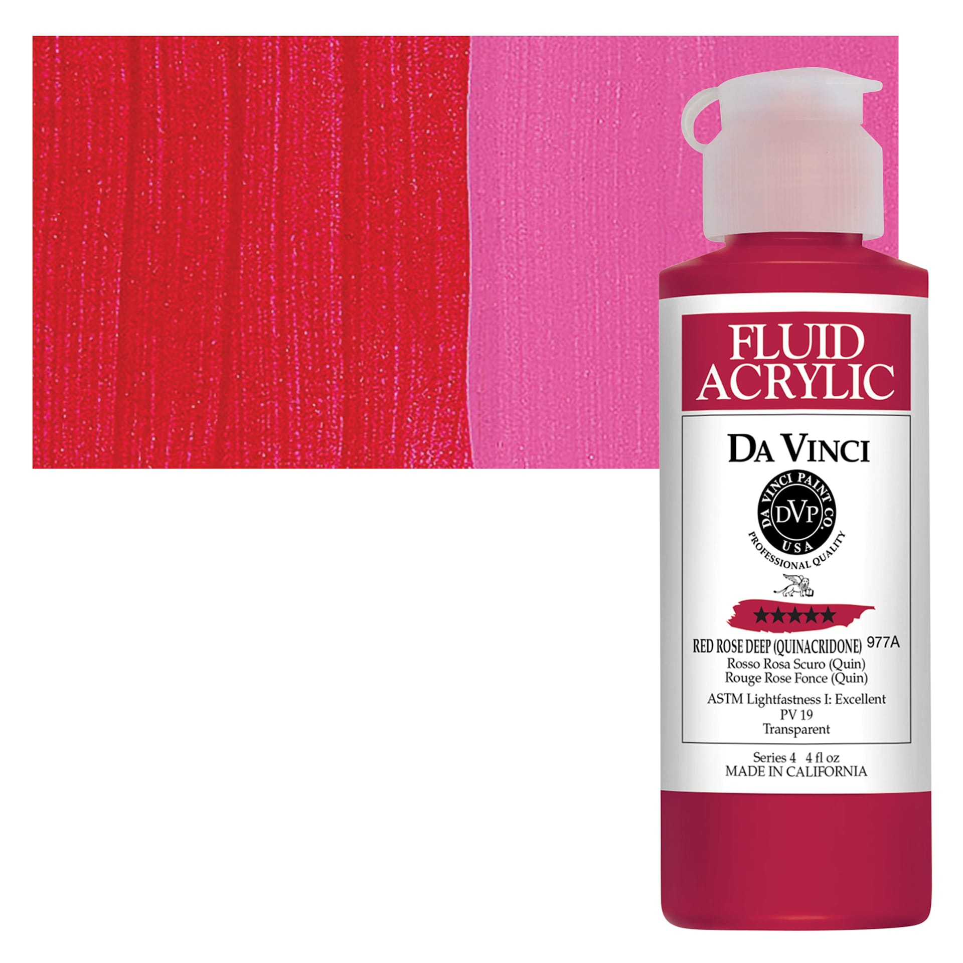 Da Vinci Fluid Acrylic Paint - Red Rose Deep, 4 oz bottle and swatch